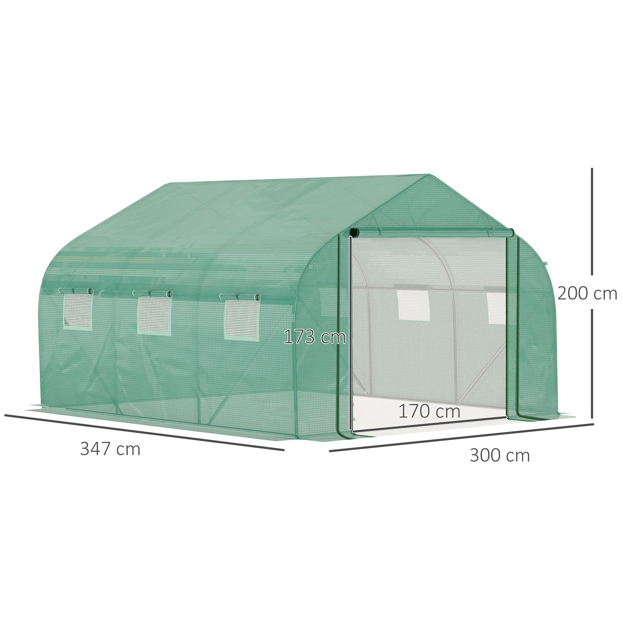 Outsunny Walk-in Polytunnel Garden Greenhouse, Outdoor Mesh Door Greenhouse with PE Cover and 6 Windows, 3.5 x 3 x 2m, Green - North Peak Garden Furniture