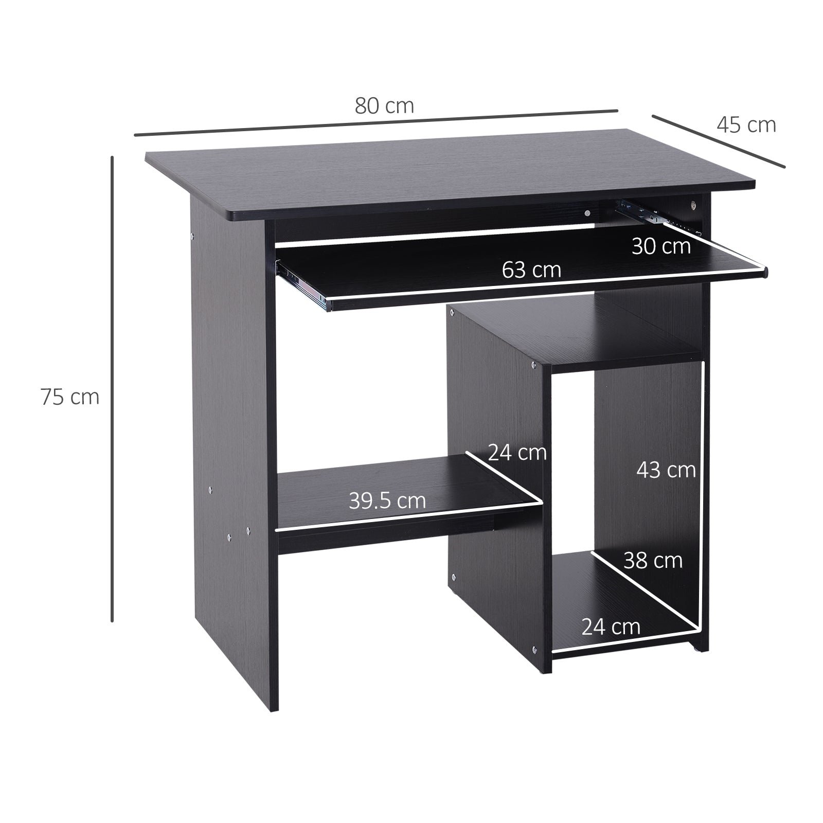 HOMCOM Compact Small Computer Table Wooden Desk Keyboard Tray Storage Shelf Modern Corner Table Home Office Black - North Peak Garden Furniture