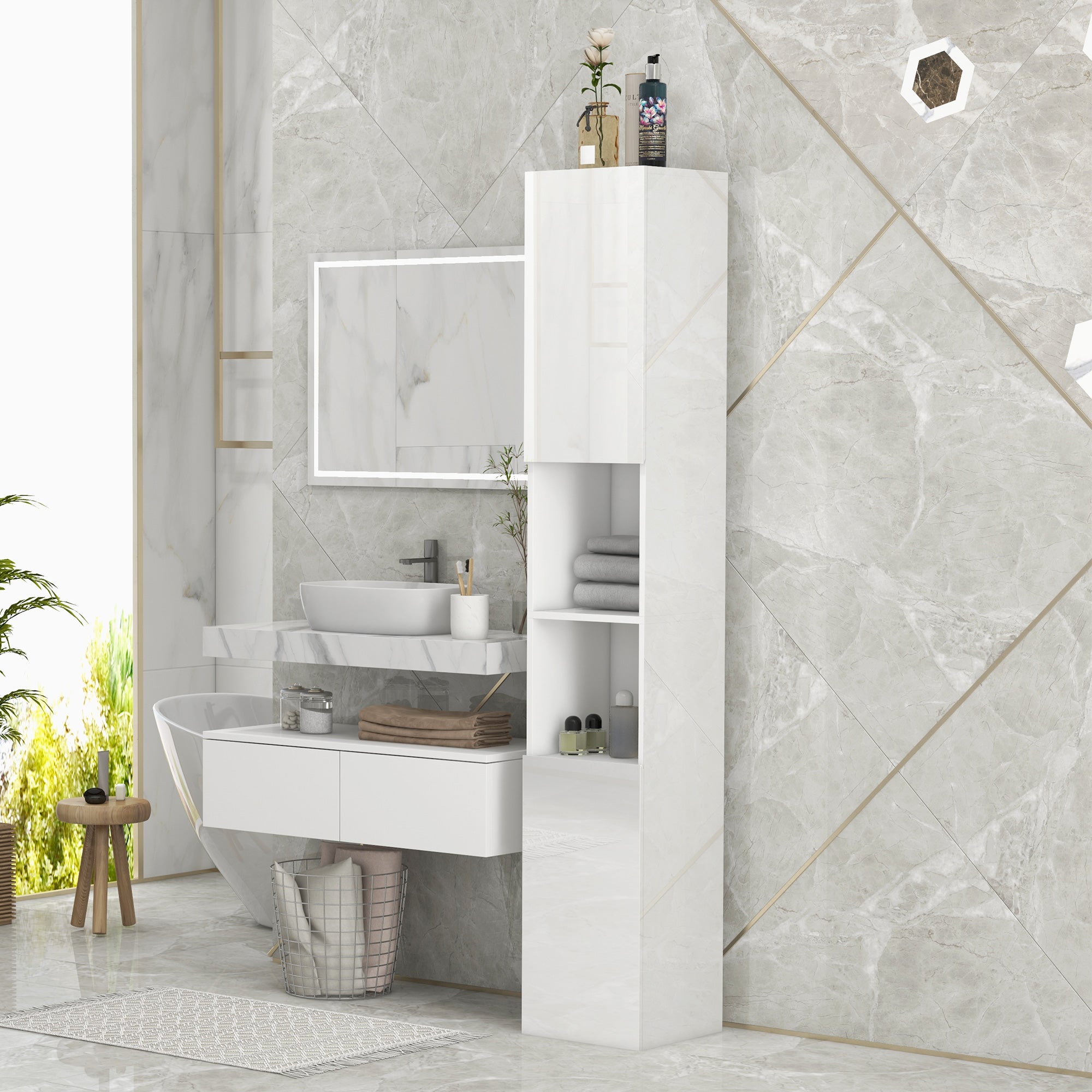 kleankin Freestanding Bathroom Cabinet, High Gloss Storage Cabinet with Doors and Adjustable Shelves, 30 x 30 x 181.5 cm, White - North Peak Garden Furniture