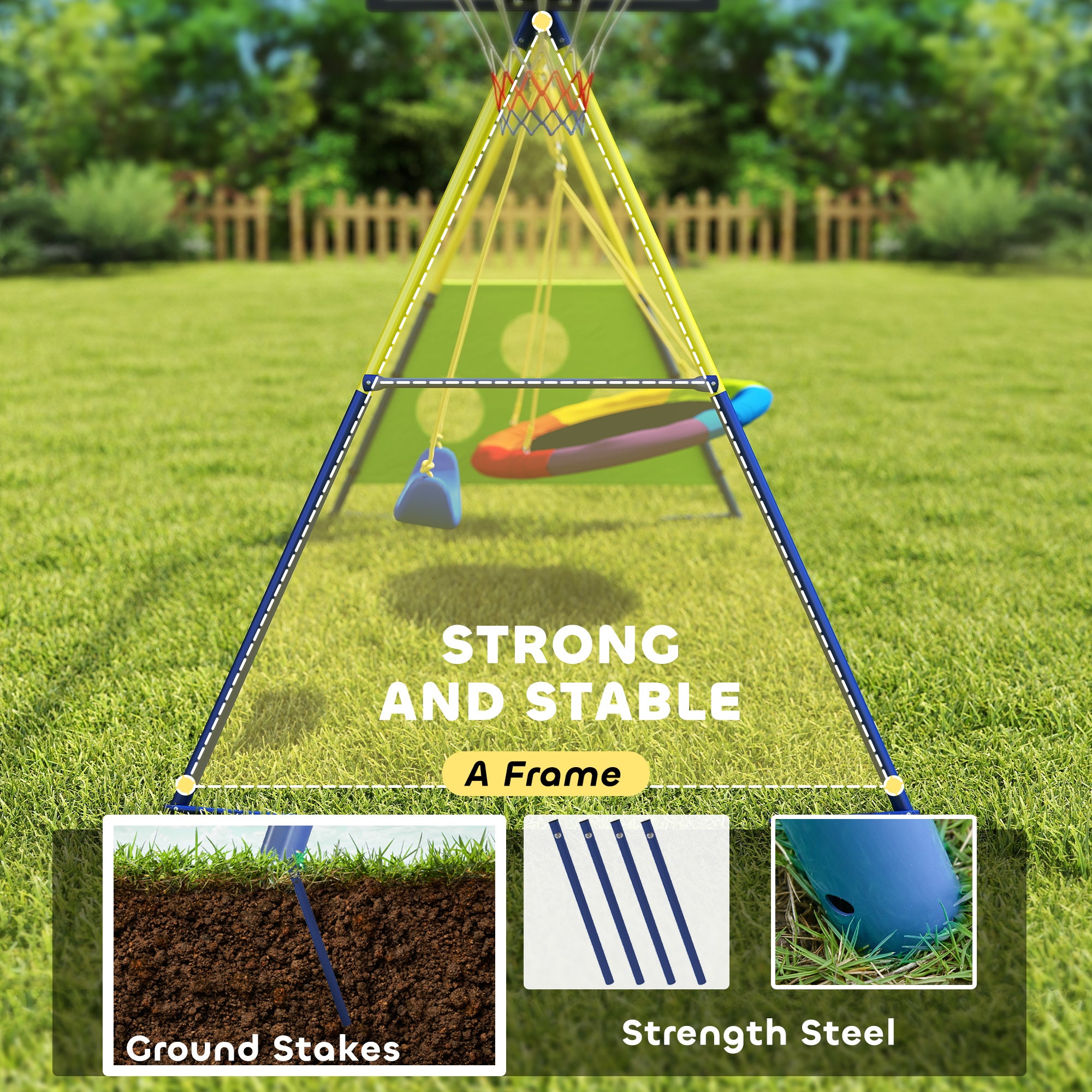 AIYAPLAY 4-in-1 Kids Swing Set with Saucer Swing, Basketball Hoop and Football Goal, Outdoor Playground Playset for Garden