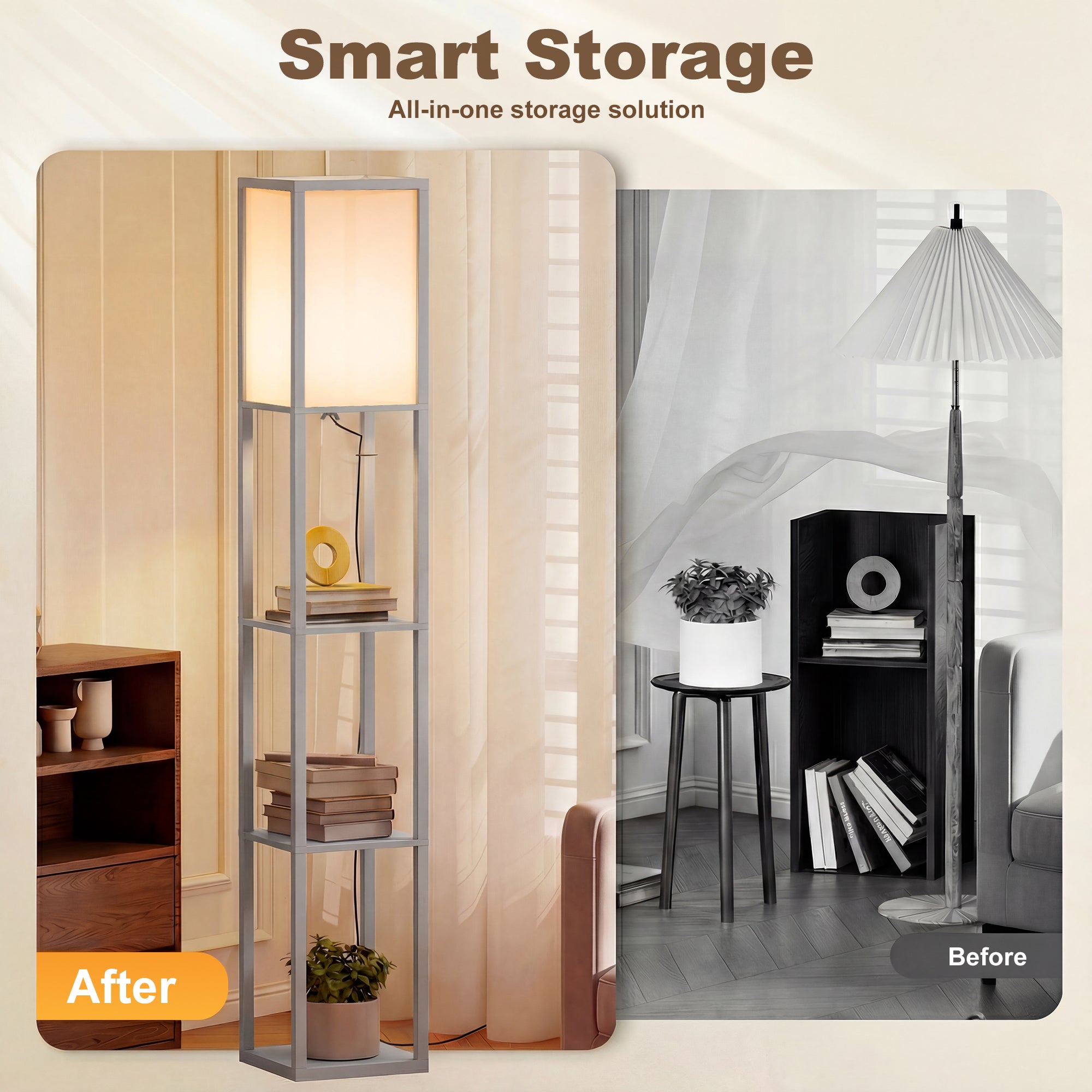 HOMCOM 3-Tier Floor Lamp, Floor Light with Storage Shelf, Reading Standing Lamp for Living Room, Bedroom, Kitchen, Dining Room, Office, Dorm, 160cm, Grey