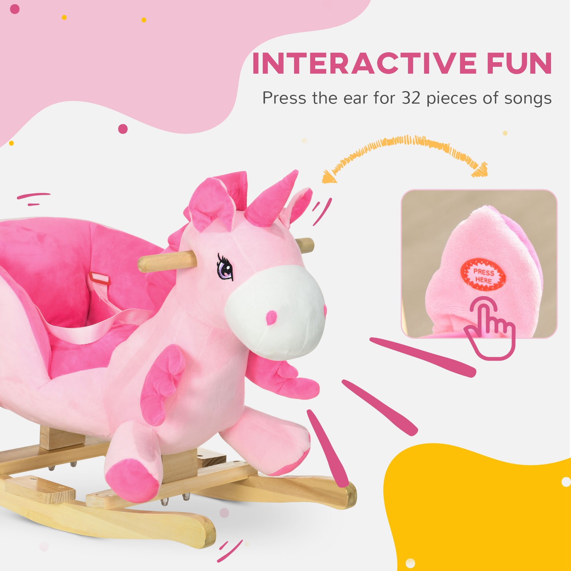 HOMCOM Kids Rocking Horse Ride on Unicorn with Songs, Wooden Base, Seatbelt, for Ages 18-36 Months, Pink - North Peak Garden Furniture