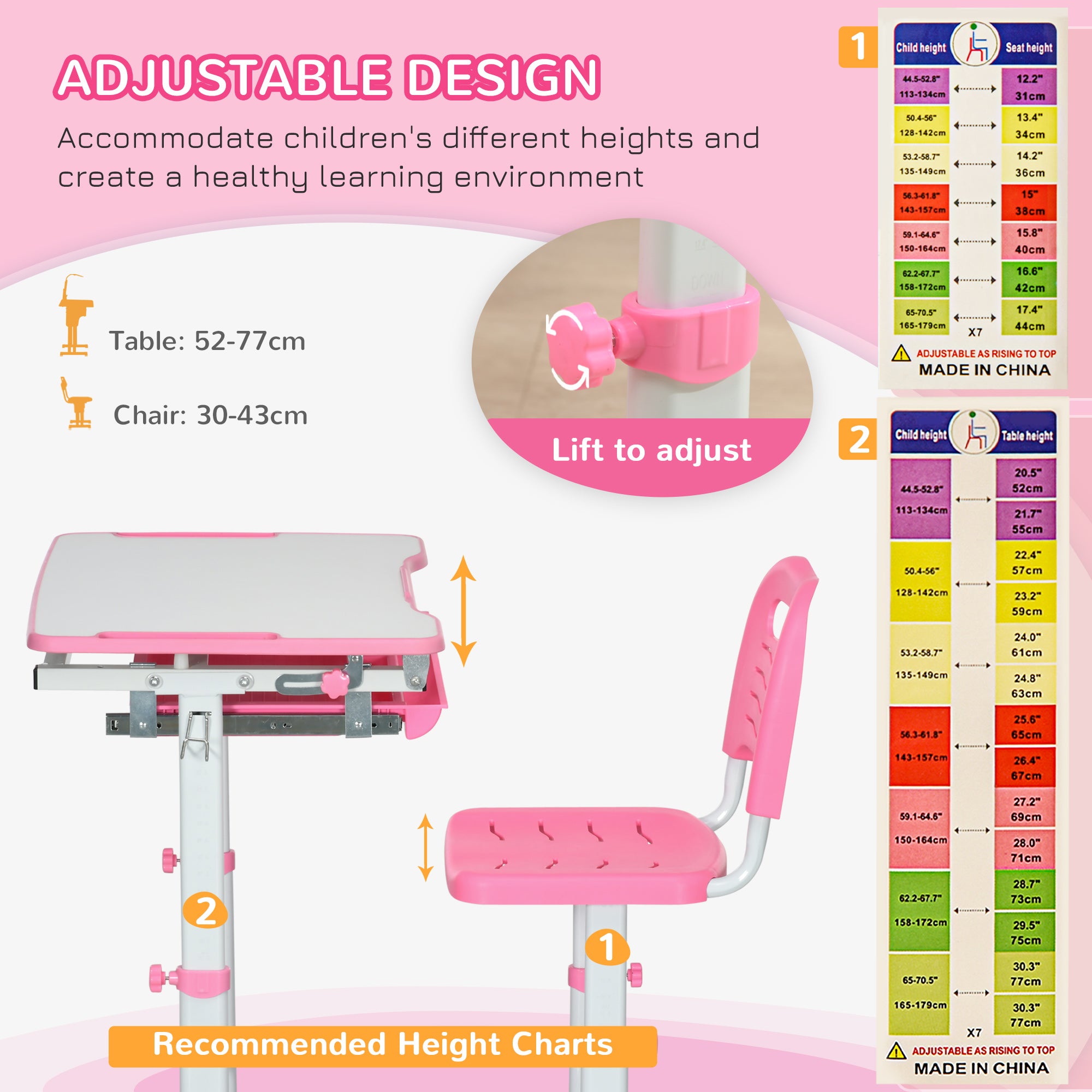 HOMCOM Kids Desk and Chair Set, Student Adjustable Writing Desk, with Drawer, Pen Slot, Hook - Pink - North Peak Garden Furniture