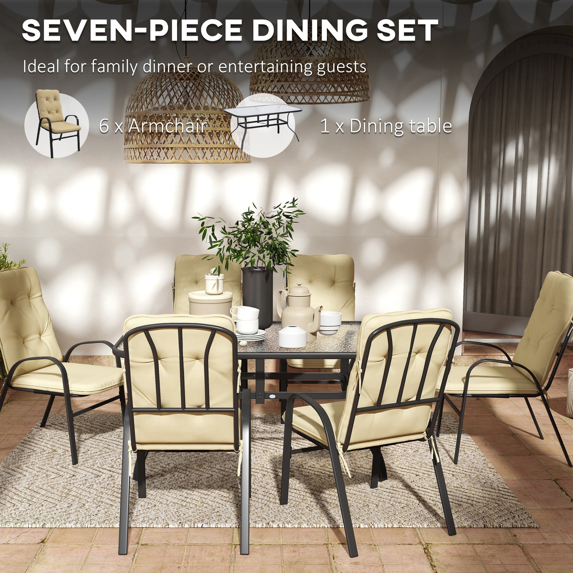 Outsunny 7 Piece Garden Dining Set, Outdoor Dining Table and 6 Cushioned Armchairs, Tempered Glass Top Table w/ Umbrella Hole, Texteline Seats, Beige - North Peak Garden Furniture