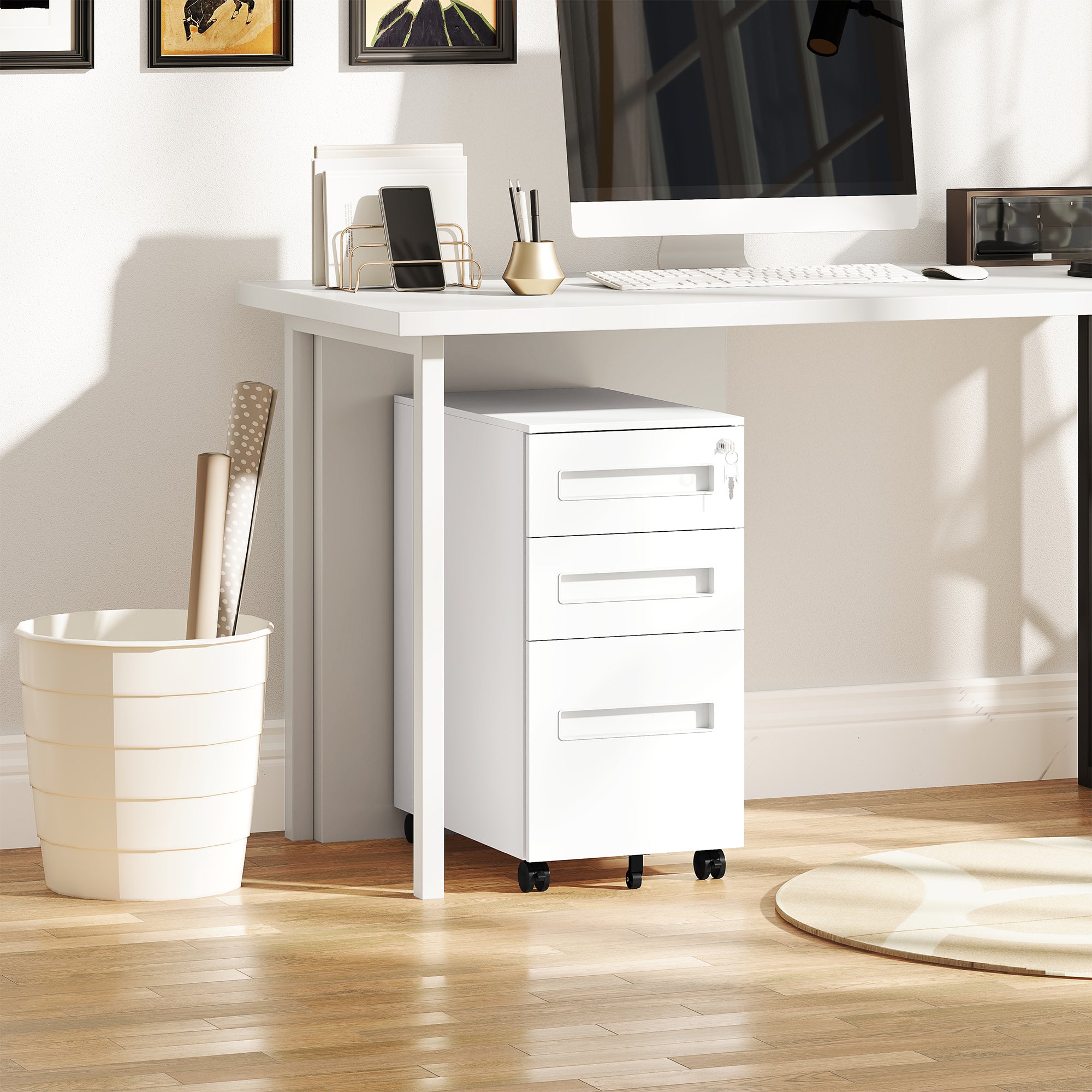 Vinsetto Metal Mobile File Cabinet with Wheels, Lockable 3 Drawer Filing Cabinet for A4, Legal, Letter, Compact Under Desk Storage Unit with Pre-Assembled Body for Home Office, 30 x 43.5 x 60cm, White - North Peak Garden Furniture