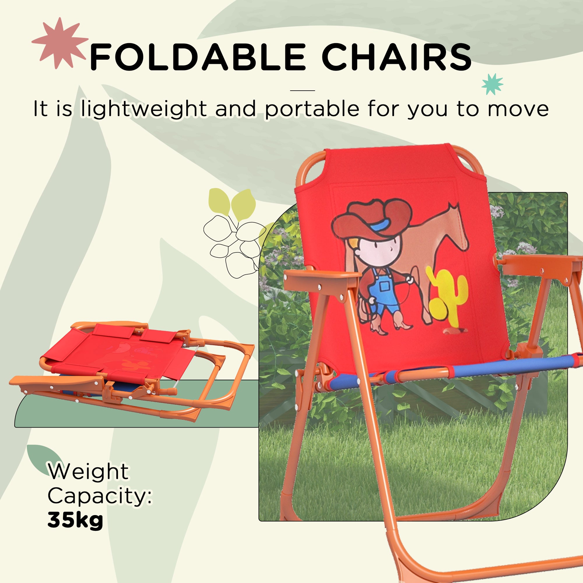 Outsunny Kids Picnic Table and Chair Set, Cowboy Themed Outdoor Garden Furniture w/ Foldable Chairs, Adjustable Parasol - North Peak Garden Furniture