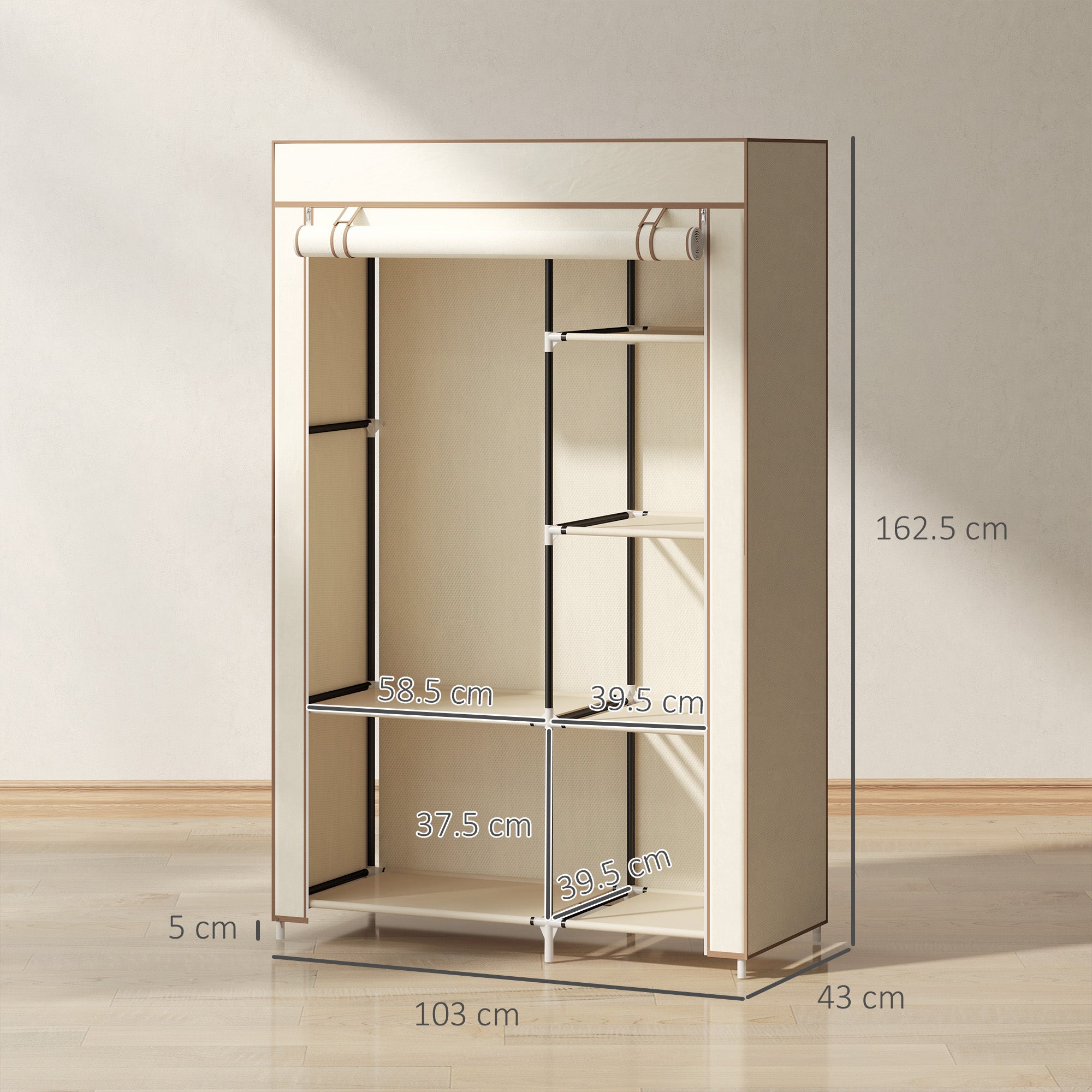 HOMCOM Fabric Wardrobe, Portable Wardrobe with 6 Shelves, 1 Hanging Rail, Foldable Closets, 103 x 43 x 162.5 cm, Cream White - North Peak Garden Furniture