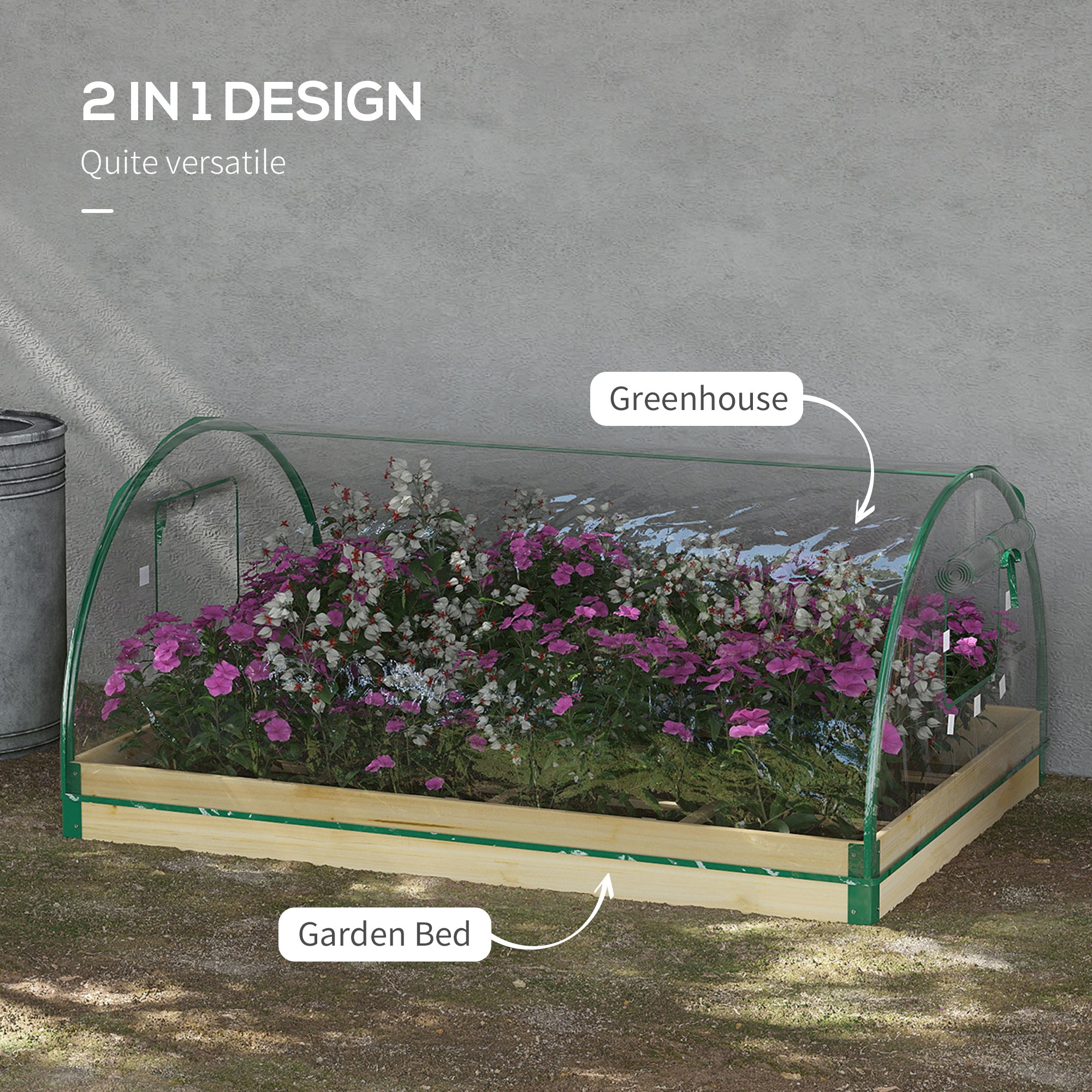 Outsunny Raised Bed with Greenhouse, Wooden Garden Planter Box with PVC Cover, Roll Up Windows, Dual Use for Vegetables, Plants, Flowers, 115 x 80 x 54 cm, Natural Wood Effect - North Peak Garden Furniture