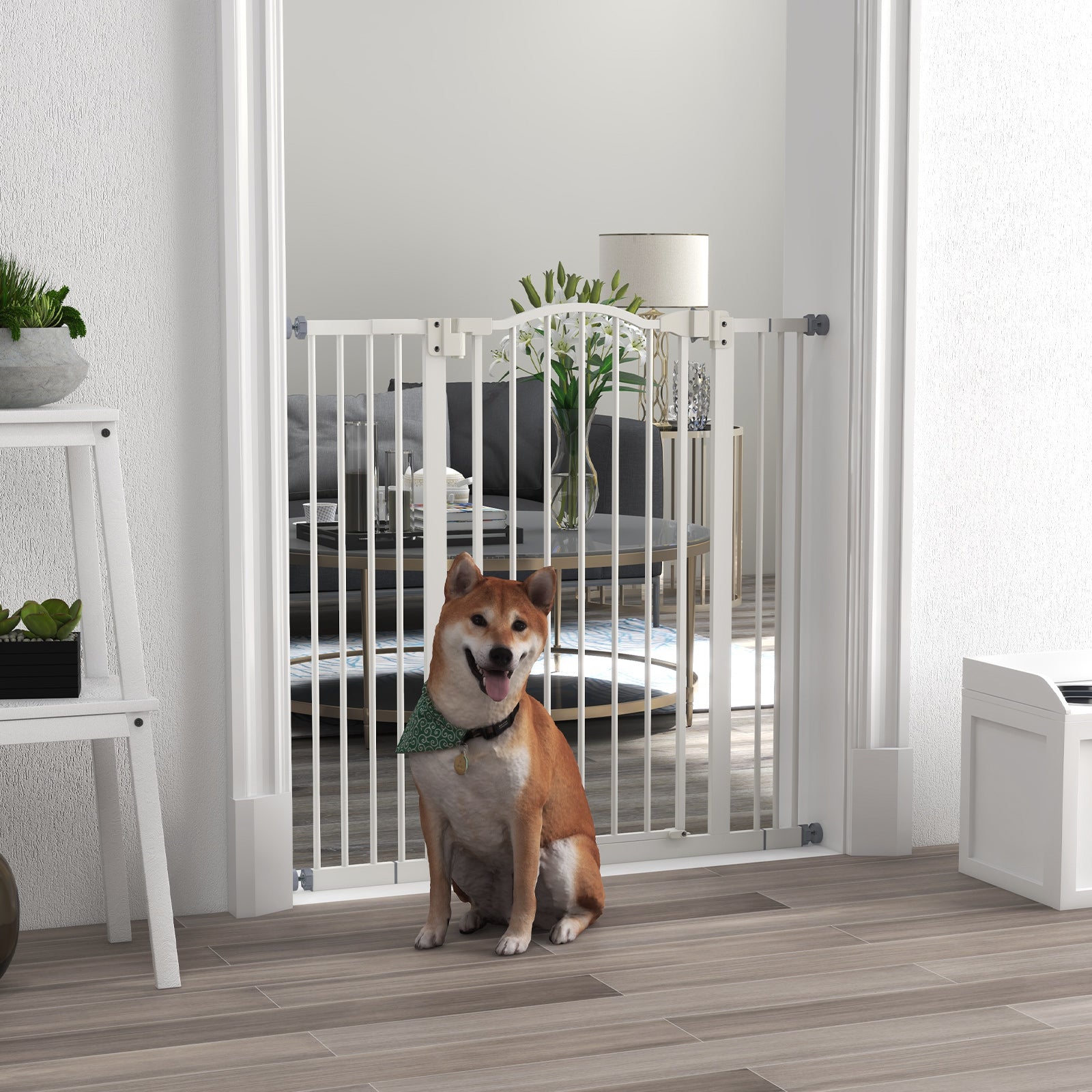 PawHut Pressure Fit Dog Stair Gate No Drilling Safety Gate Auto Close for Doorways, Hallways, 74-100cm Adjustable, 94cm Tall, White - North Peak Garden Furniture