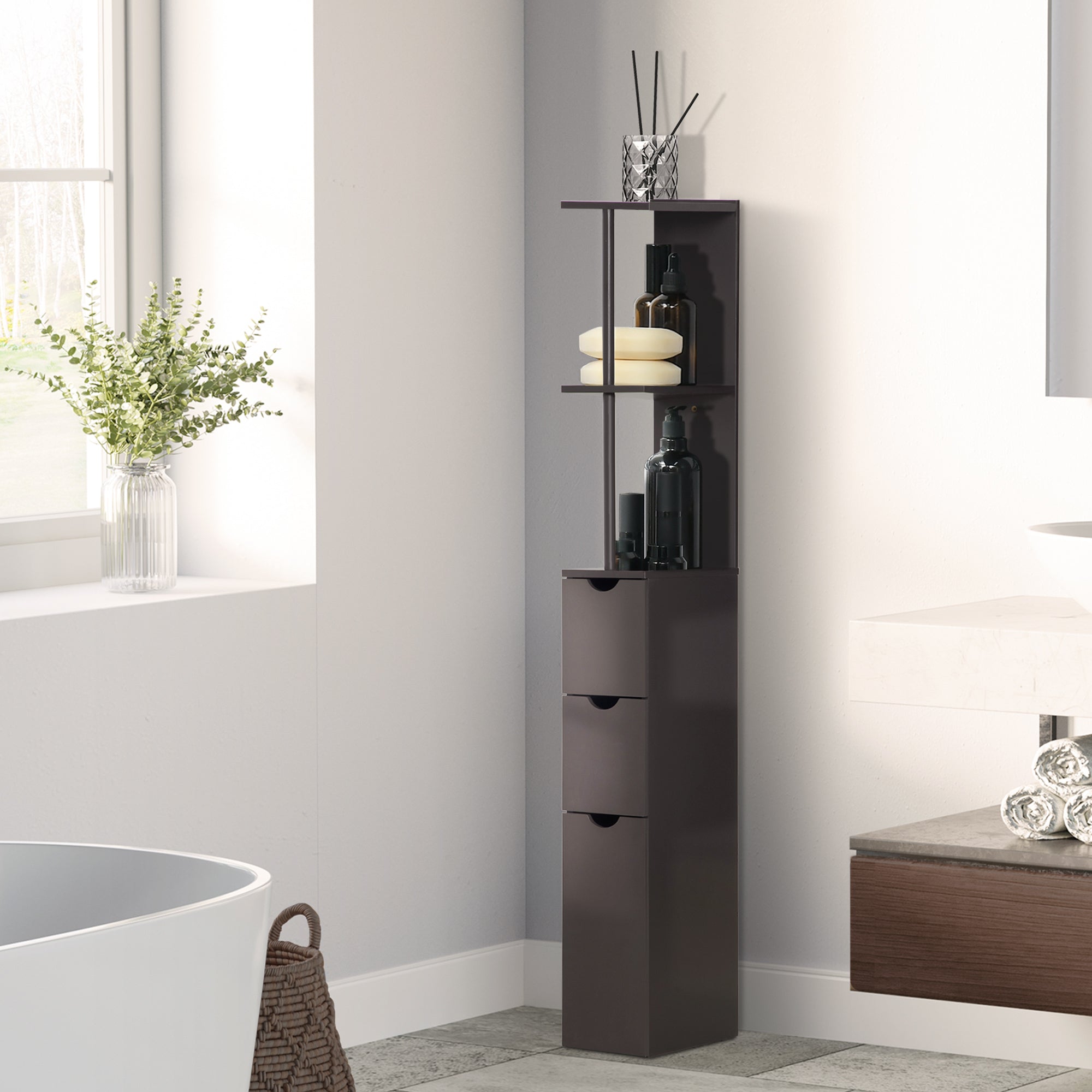 HOMCOM Tall Bathroom Cabinet, Freestanding Bathroom Storage Cabinet with 2-Tier Shelf and Drawers, Narrow Cupboard Storage Unit, Brown - North Peak Garden Furniture