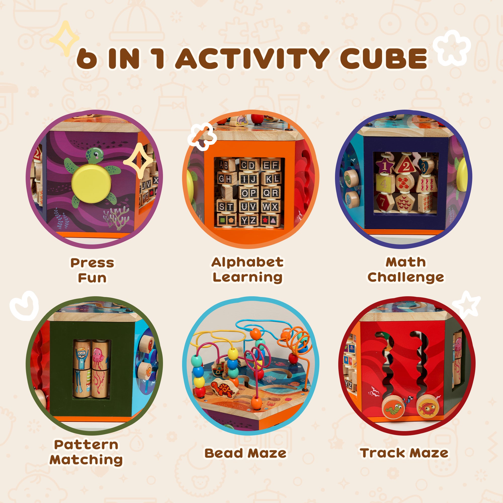 AIYAPLAY Wooden Activity Cube, Baby Toys with Bead Maze, Pattern Sorter for Toddlers Boys and Girls 18+ Months