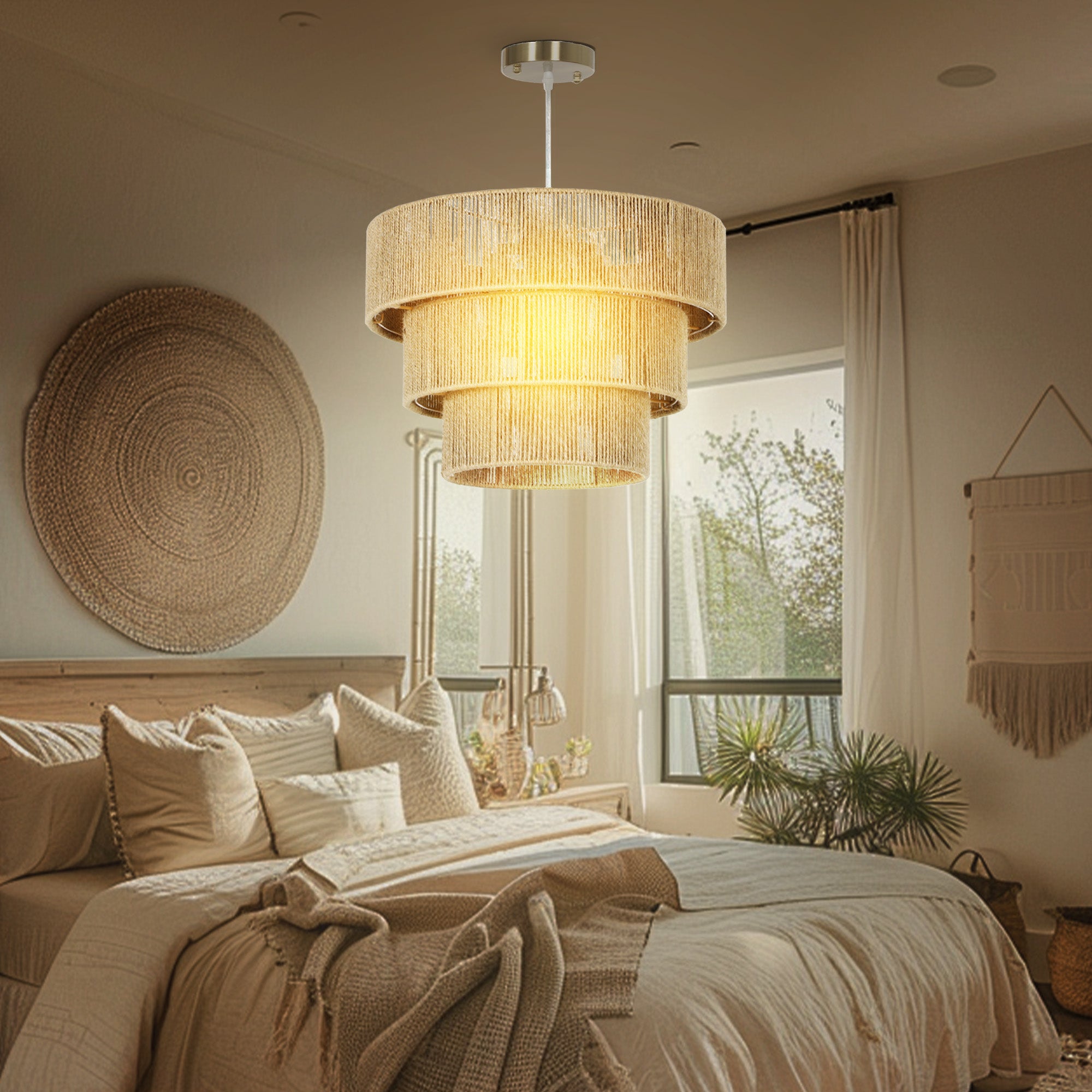 HOMCOM Hemp Rope Ceiling Light, 3-Layer Boho Pendant Light, E14 Vintage Ceiling Lamp Fixtures for Living Room, Bedroom, Kitchen, Hallway, Light Brown - North Peak Garden Furniture