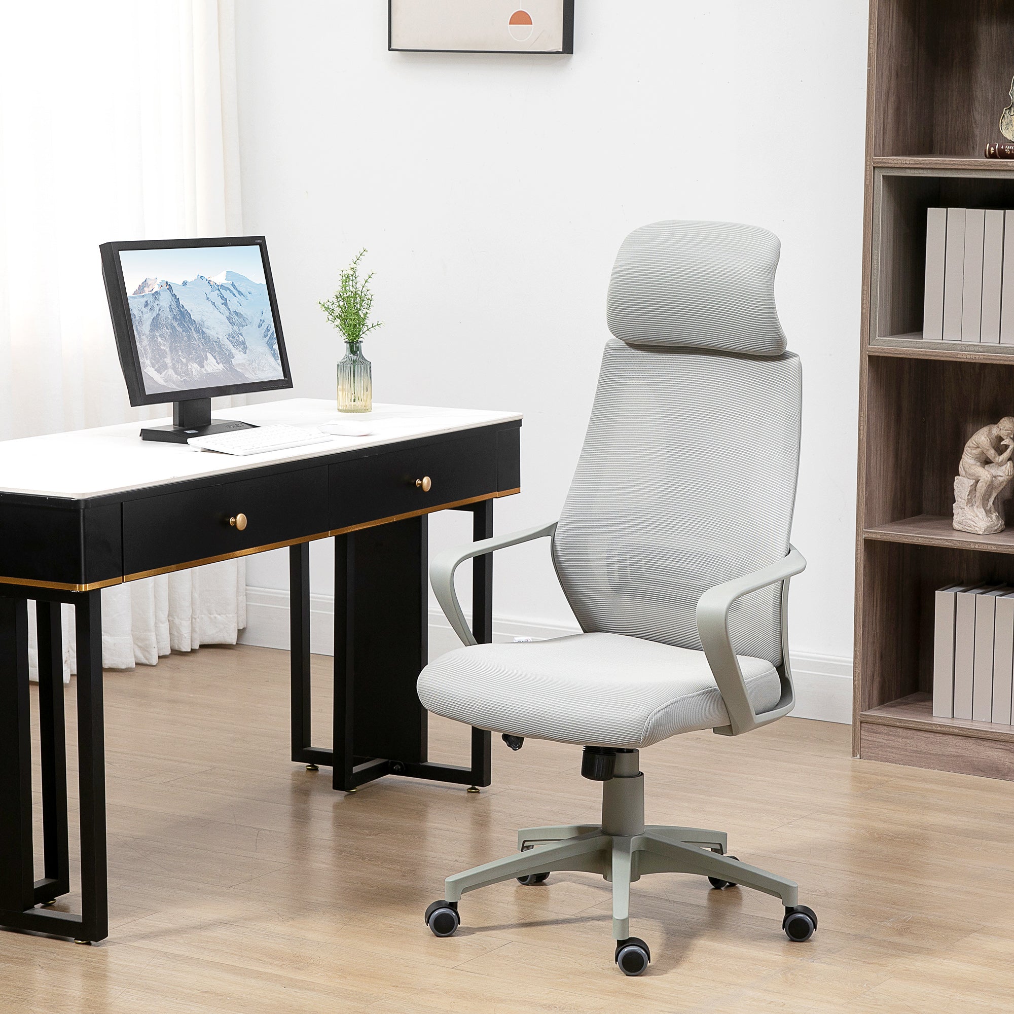 Vinsetto Ergonomic Office Chair, High Back Computer Chair, Mesh Desk Chair with Lumbar Support, Headrest, Wheel, Adjustable Height, Grey - North Peak Garden Furniture
