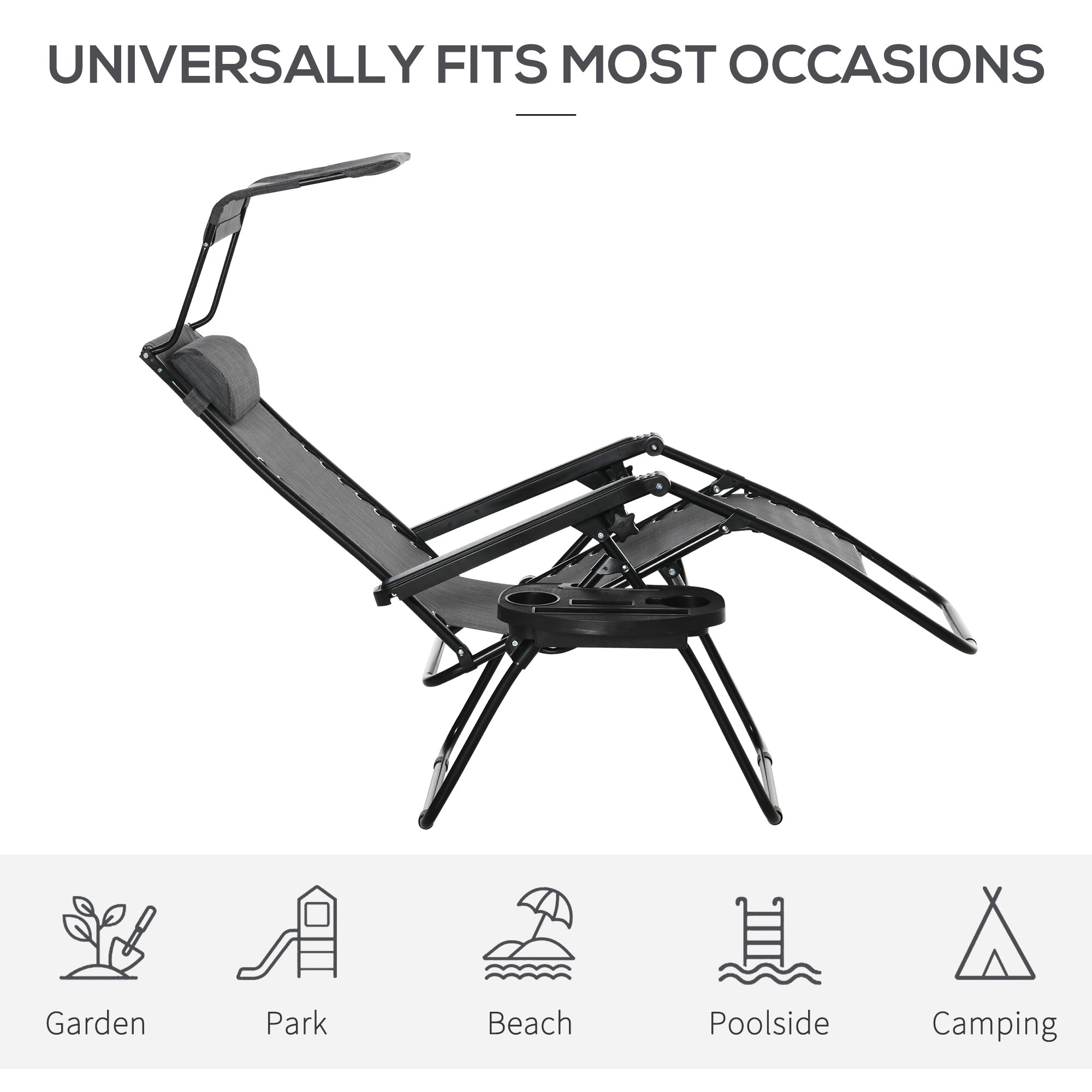 Outsunny 2 Piece Foldable Reclining Garden Chair with Headrest, Zero Gravity Deck Sun Lounger Seat Chair with Footrest, Armrest, Cup Holder & Canopy Shade, Light Grey - North Peak Garden Furniture