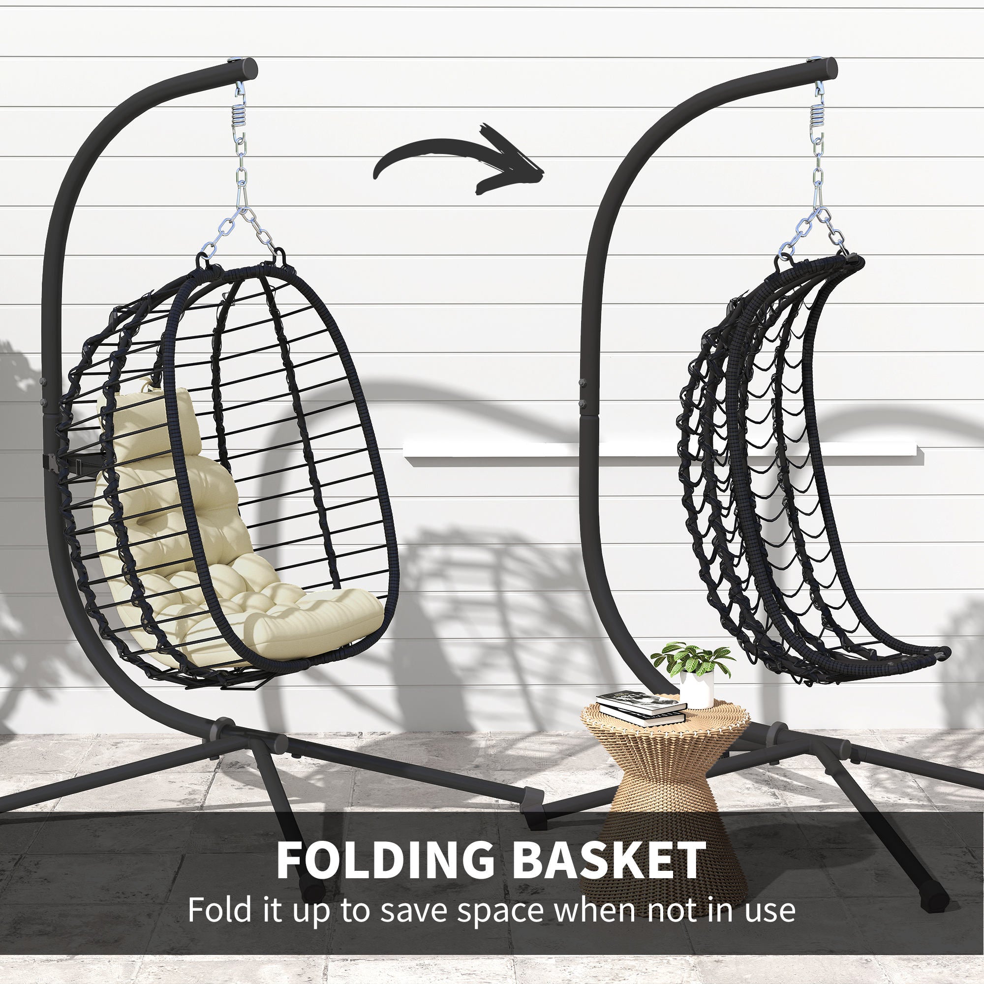 Outsunny Rattan Hanging Egg Chair, Foldable Wicker Hammock Swing Chair with Cushion, Stand, Adjustable Height, Head Pillow, Steel Frame for Garden Patio Indoor Outdoor, Cream White - North Peak Garden Furniture