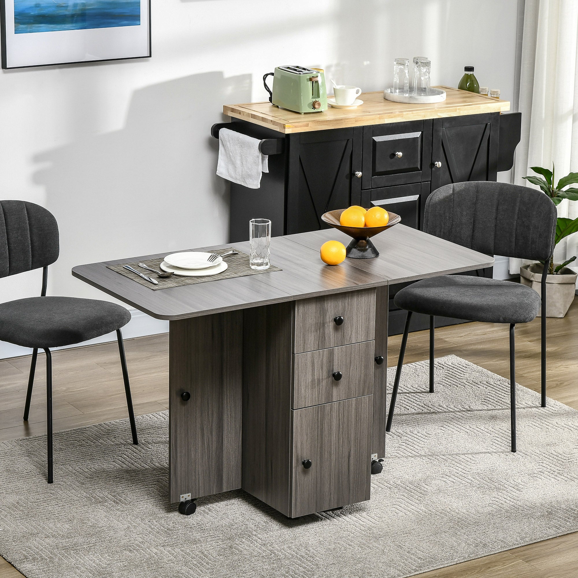 HOMCOM Multi-Storage Six-Person Drop Leaf Dining Table - Grey - North Peak Garden Furniture