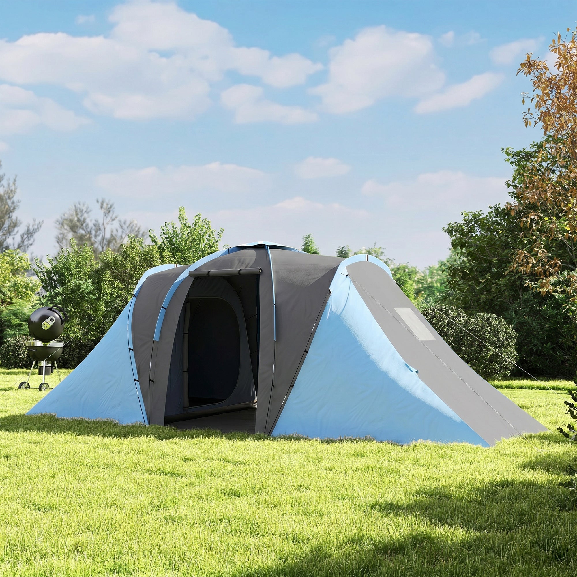Outsunny Large Camping Tent Tunnel Tent with 2 Bedroom and Living Area, 2000mm Waterproof, Portable with Bag for 4-6 Man, Blue