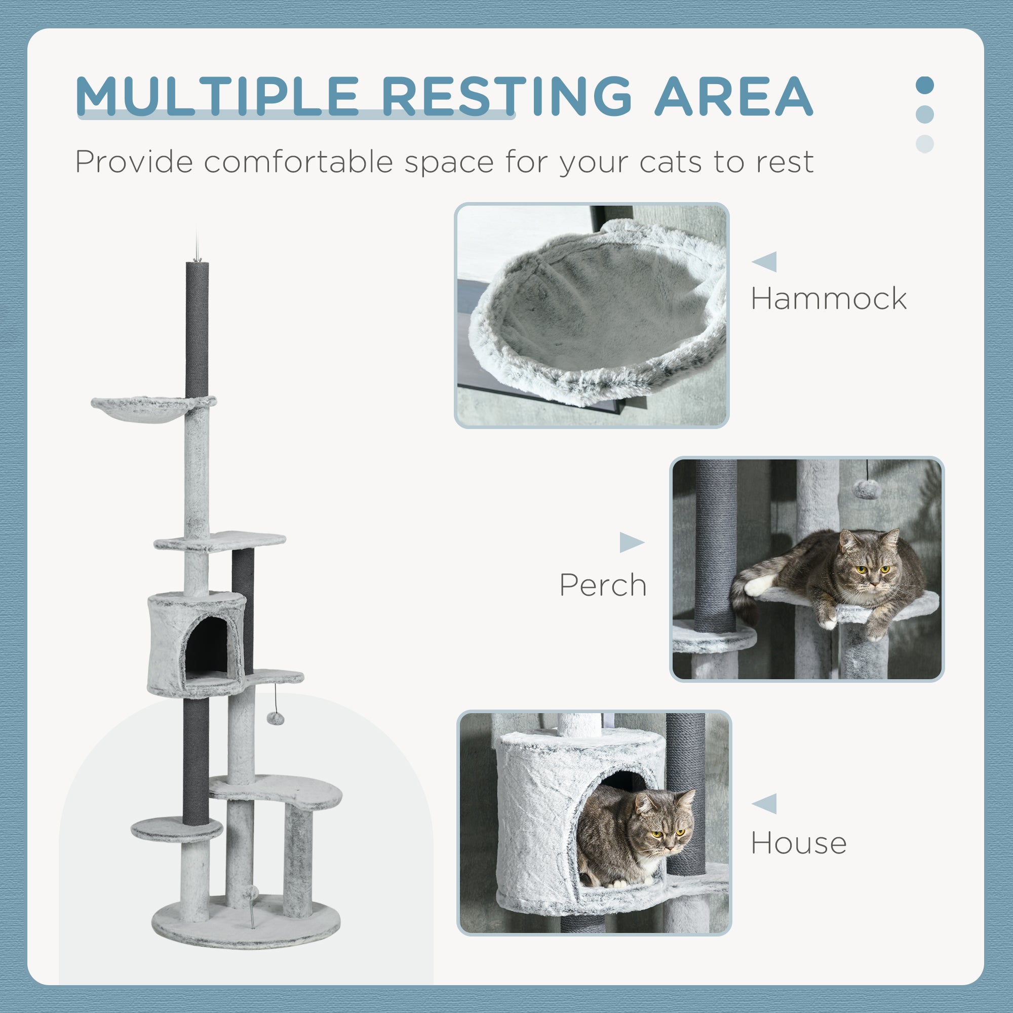 PawHut 255cm Floor to Ceiling Cat Tree with Scratching Posts, Height Adjustable Cat Tower with Hammock, House, Anti-tipping Kit, Perches, Toys, Grey - North Peak Garden Furniture