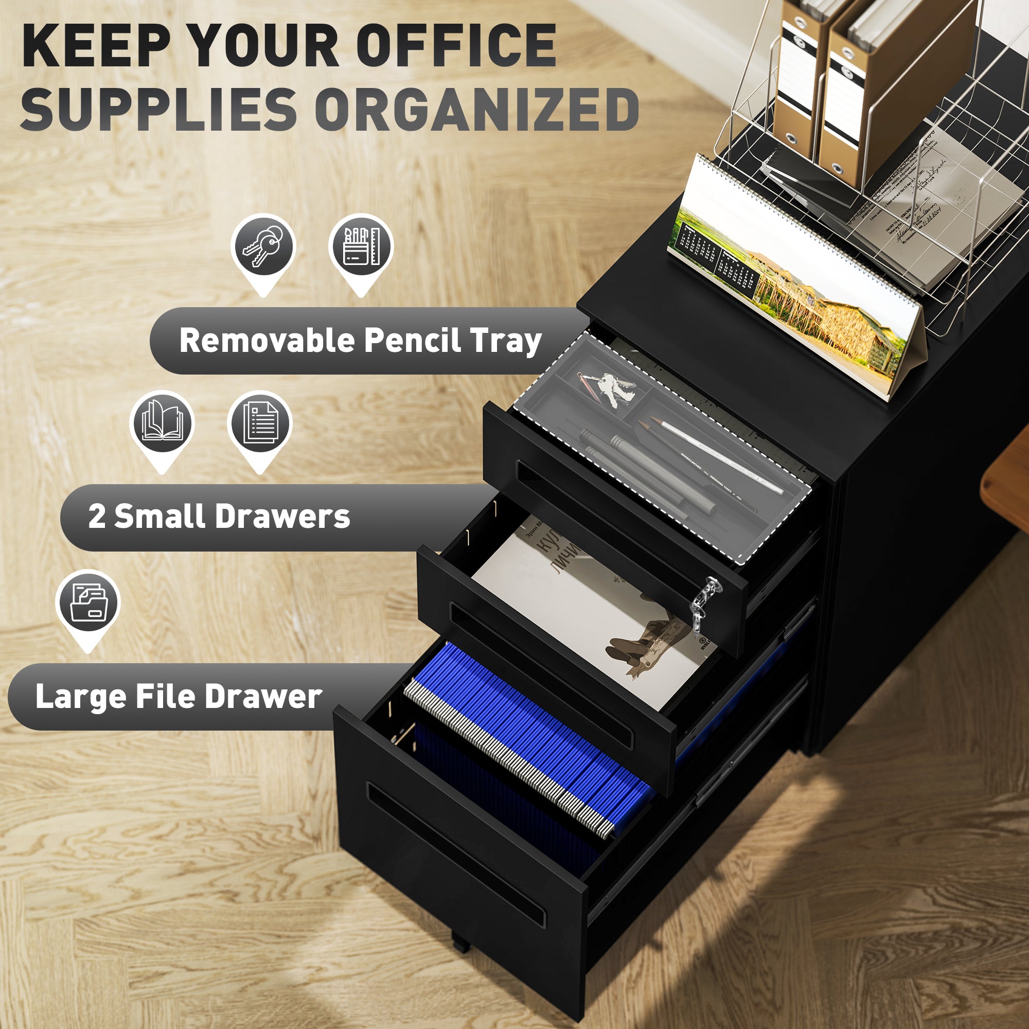 Vinsetto Metal Mobile File Cabinet with Wheels, Lockable 3 Drawer Filing Cabinet for A4, Legal, Letter, Compact Under Desk Storage Unit with Pre-Assembled Body for Home Office, 30 x 43.5 x 60cm, Black - North Peak Garden Furniture