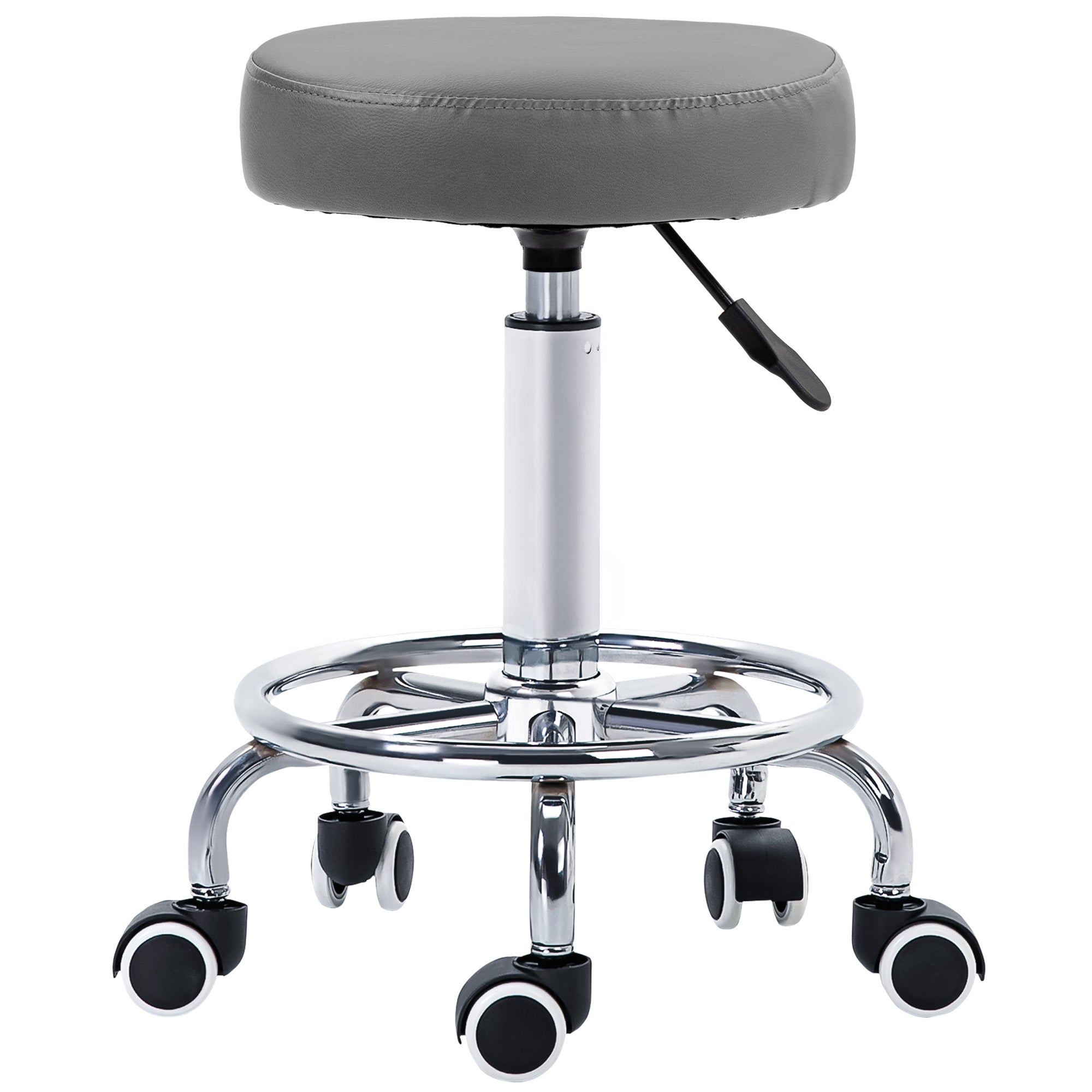 Vinsetto PU Leather Rolling Stool, Height Adjustable Stool Chair with Wheels for Salon, Massage, Spa, Grey - North Peak Garden Furniture