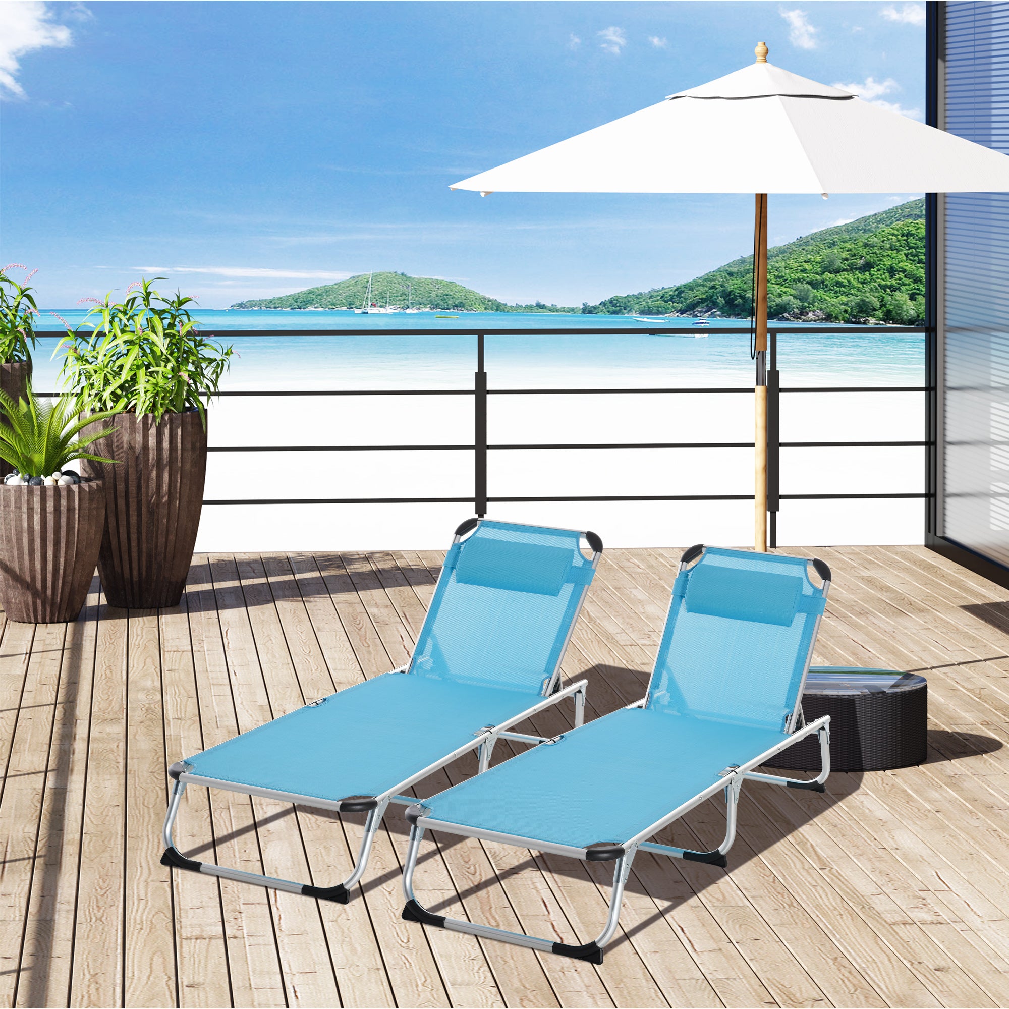Outsunny 2 Pieces Foldable Outdoor Sun Lounger with Pillow, 5-Level Adjustable Reclining Lounge Chair, Aluminium Frame Camping Bed Cot, Blue - North Peak Garden Furniture