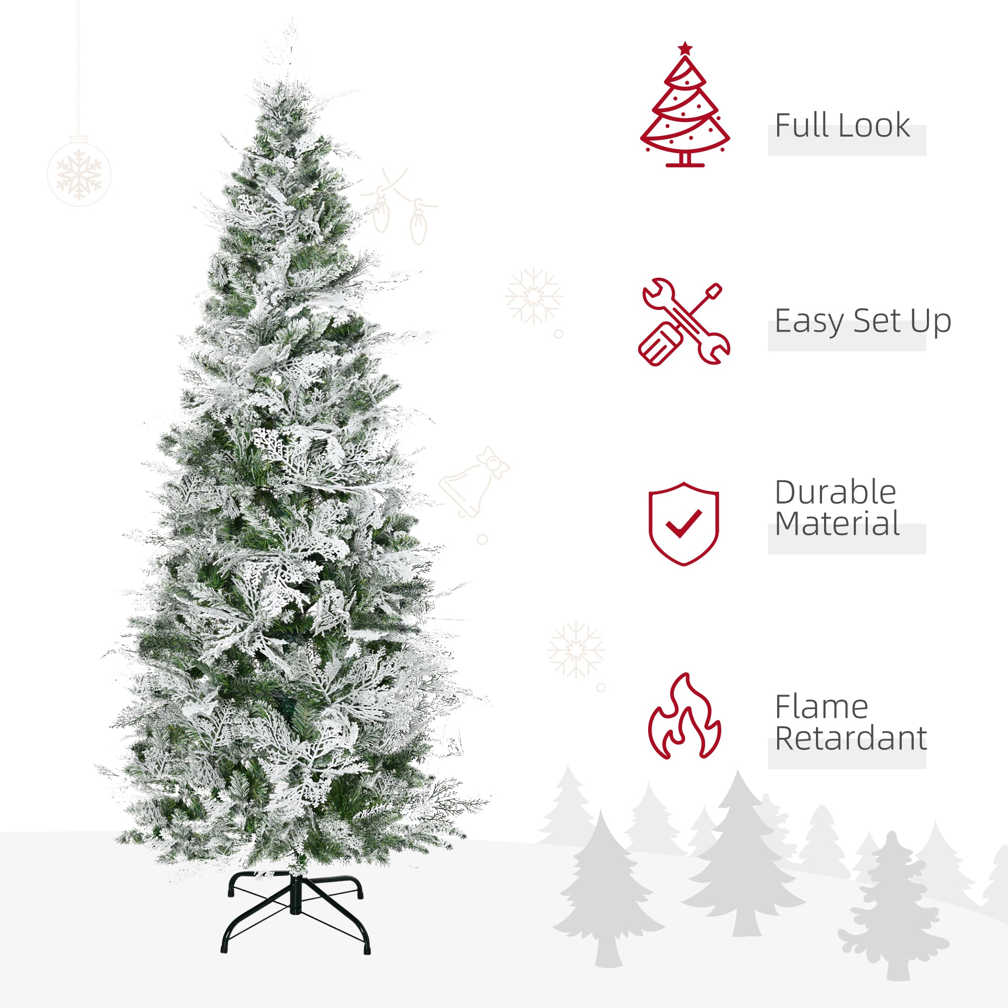 HOMCOM 6 Ft Pencil Snow Flocked Artificial Christmas Tree with Realistic Cypress Branches, Auto Open, Green - North Peak Garden Furniture