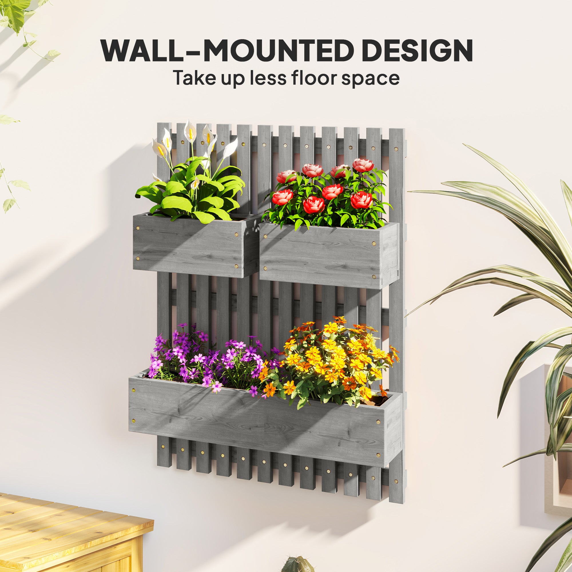 Outsunny Wall-mounted Wooden Garden Planters with Trellis, Drainage Holes and 3 Planter Boxes for Patio, Grey - North Peak Garden Furniture