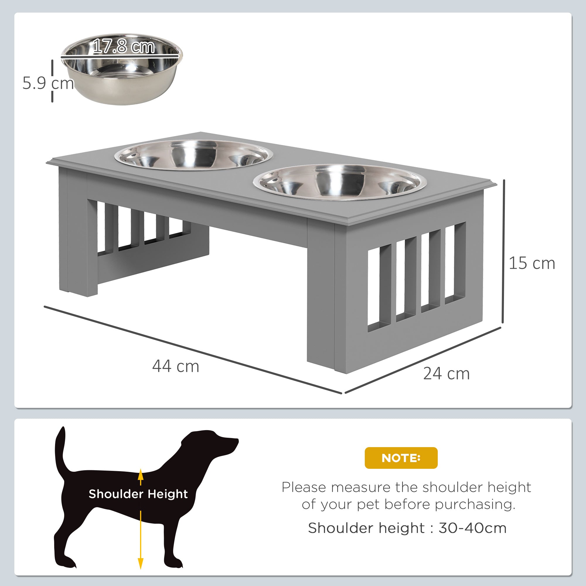 PawHut Raised Dog Feeding Bowls with Stand, Stainless Steel for Extra Small and Small Dog, 44L x 24W x 15H cm - Grey - North Peak Garden Furniture