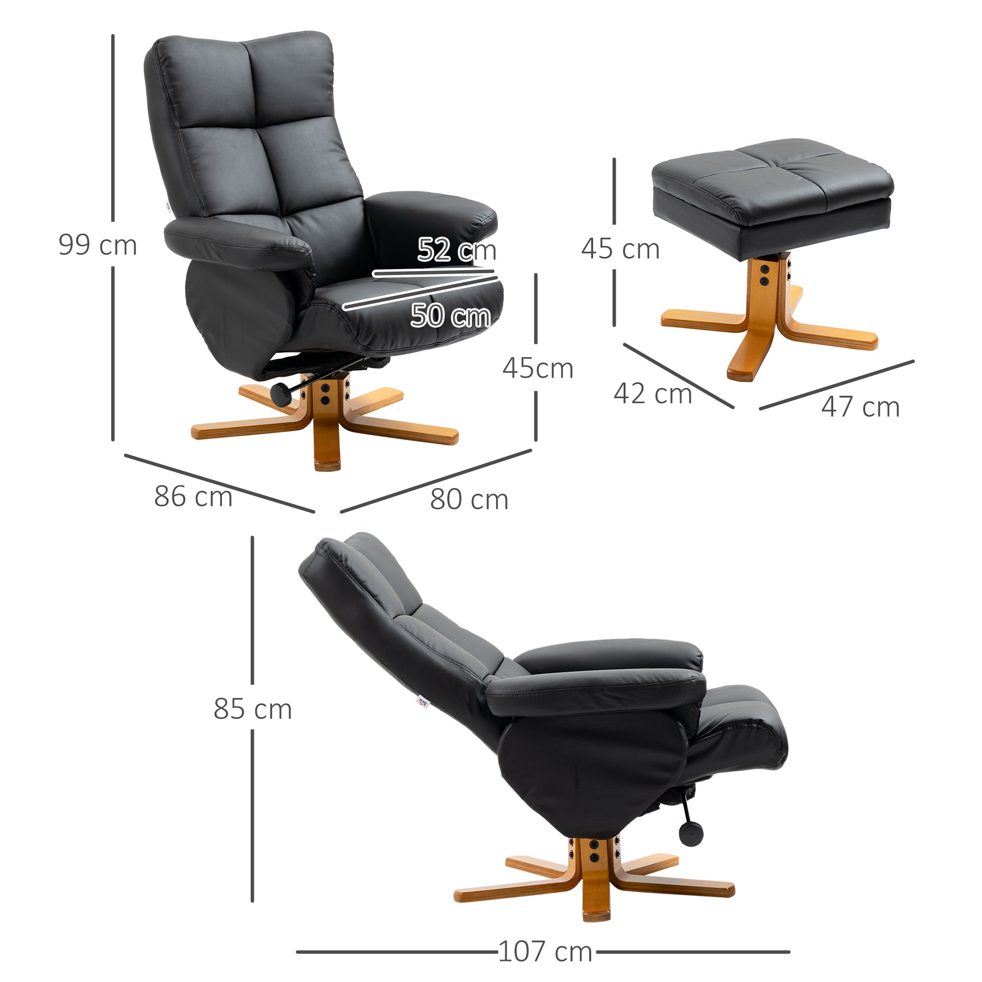 HOMCOM Recliner Armchair, Swivel Reclining Chair With Ottoman, Swivel Faux Leather Chair with Wooden Base and Storage Footstool for Living Room, Black