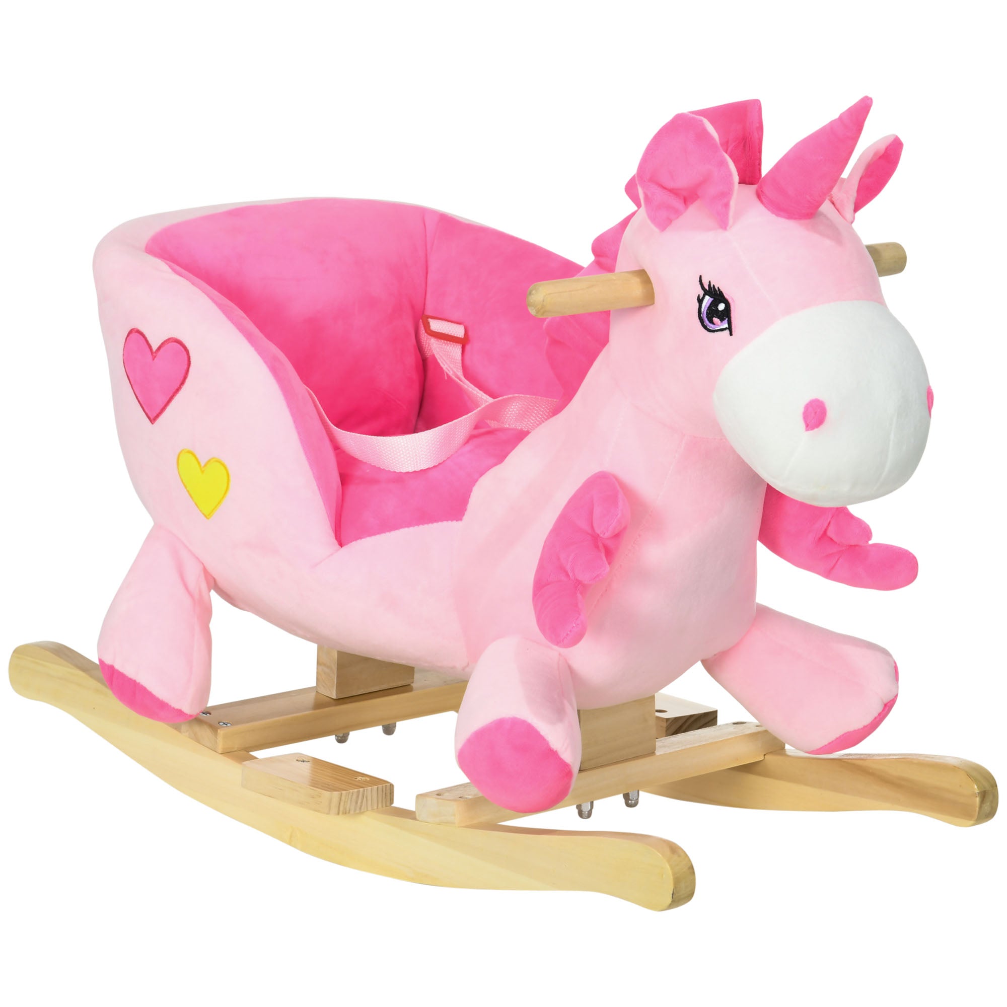 HOMCOM Kids Rocking Horse Ride on Unicorn with Songs, Wooden Base, Seatbelt, for Ages 18-36 Months, Pink - North Peak Garden Furniture