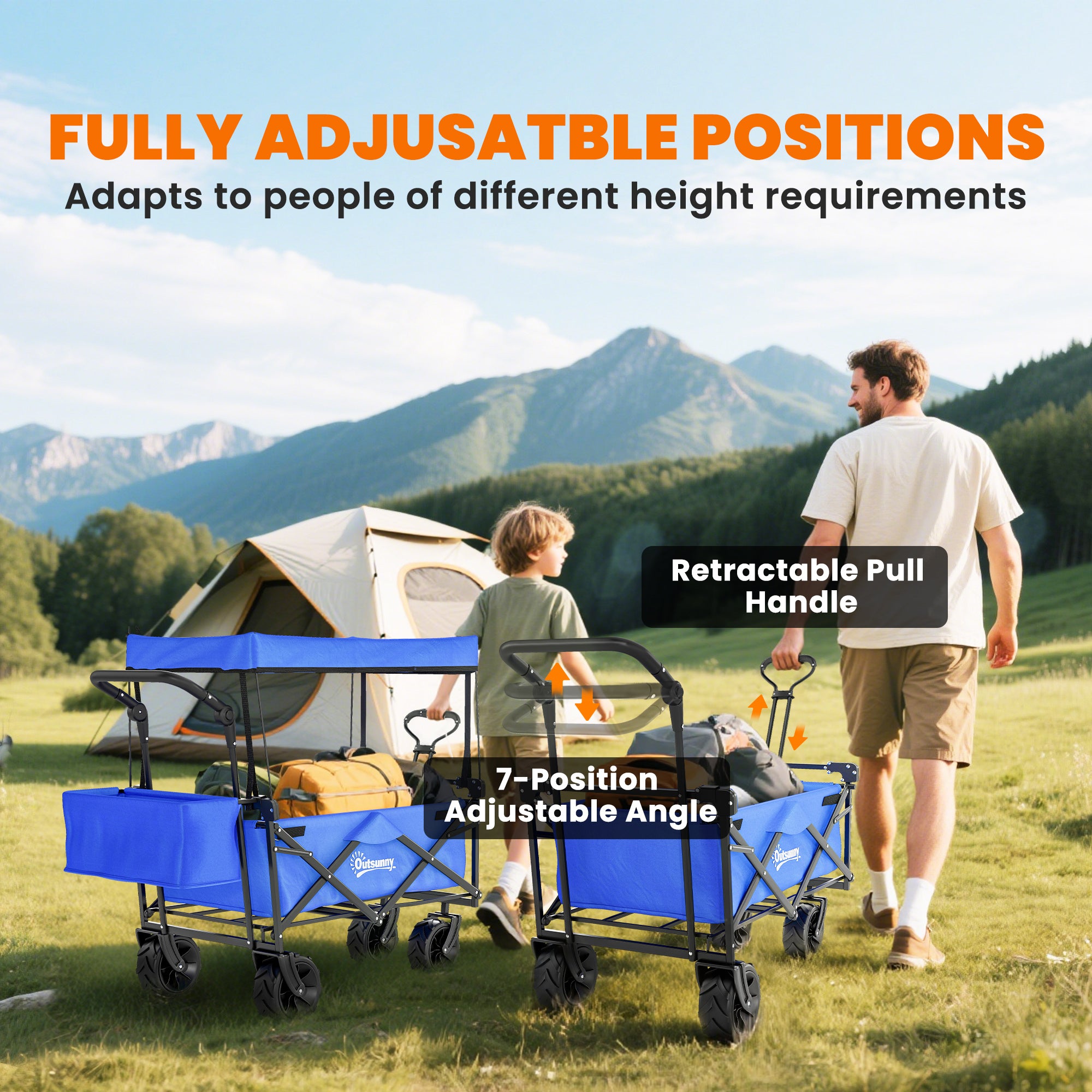 Outsunny Folding Trolley Cart Storage Wagon Beach Trailer 4 Wheels with Handle Overhead Canopy Cart Push Pull for Camping, Blue