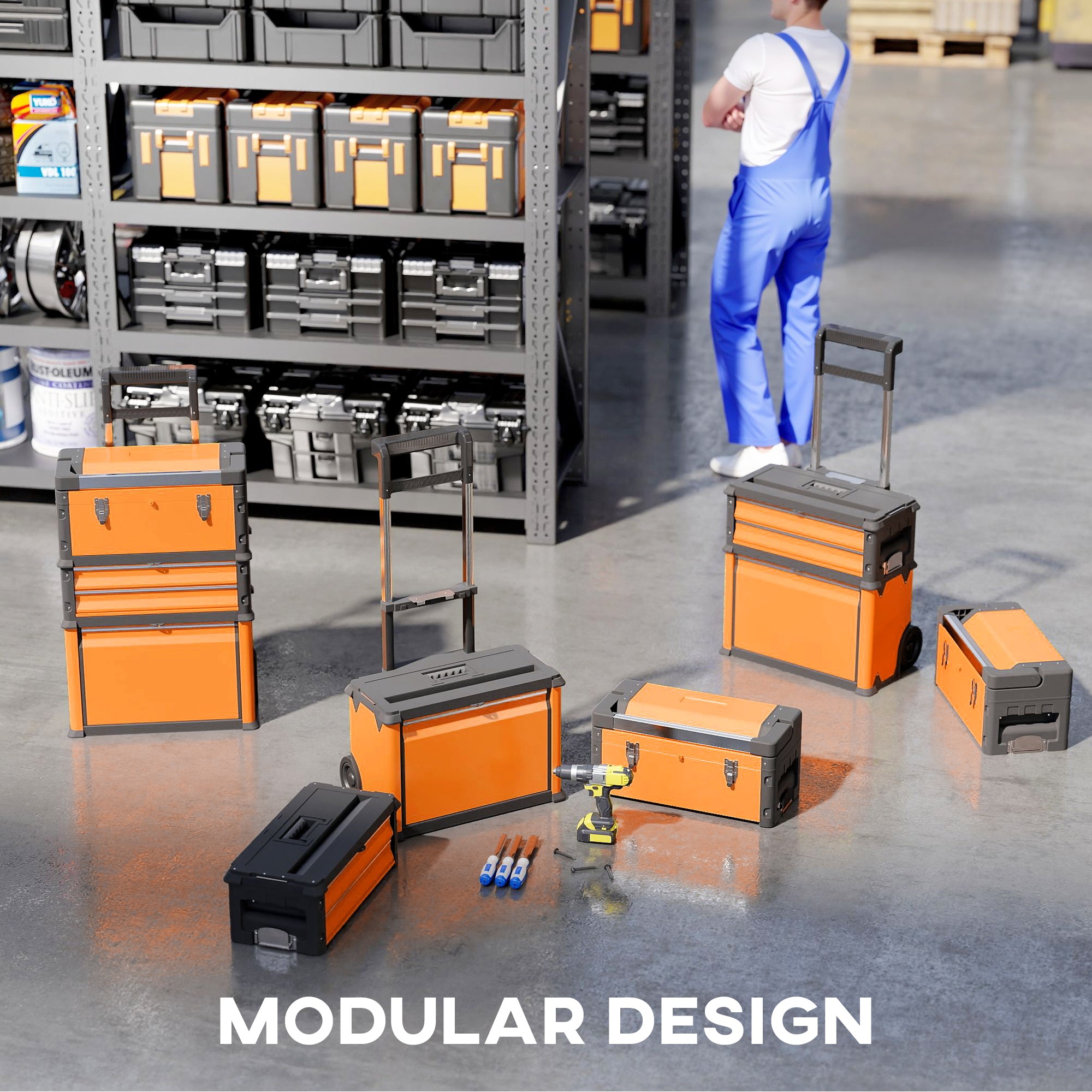 HOMCOM 3-in-1 Stackable Rolling Tool Box - Orange - North Peak Garden Furniture