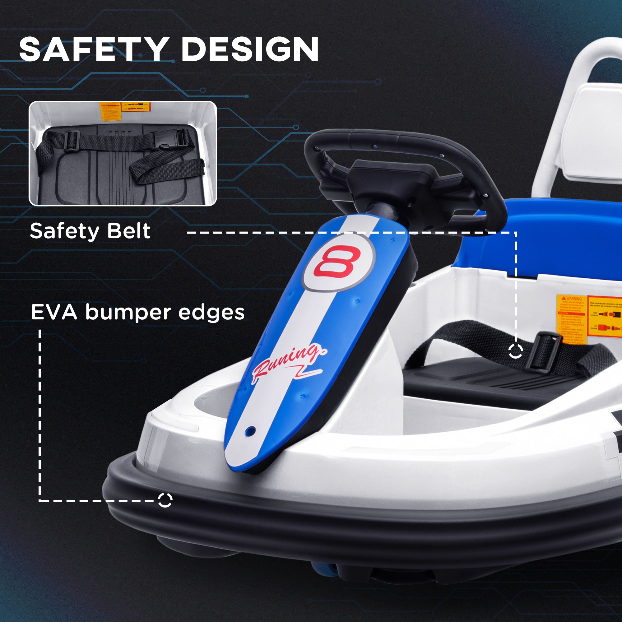 HOMCOM 6V Electric Kids Bumper Car, 6V Spin Waltz Car, with Music, Horn, Lights - White - North Peak Garden Furniture