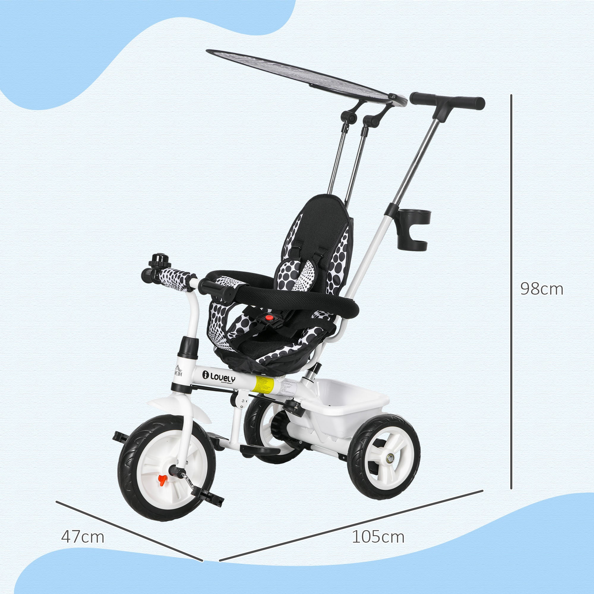 HOMCOM 6 in 1 Tricycle for Kids with 5-point harness straps, Removable Canopy, White - North Peak Garden Furniture