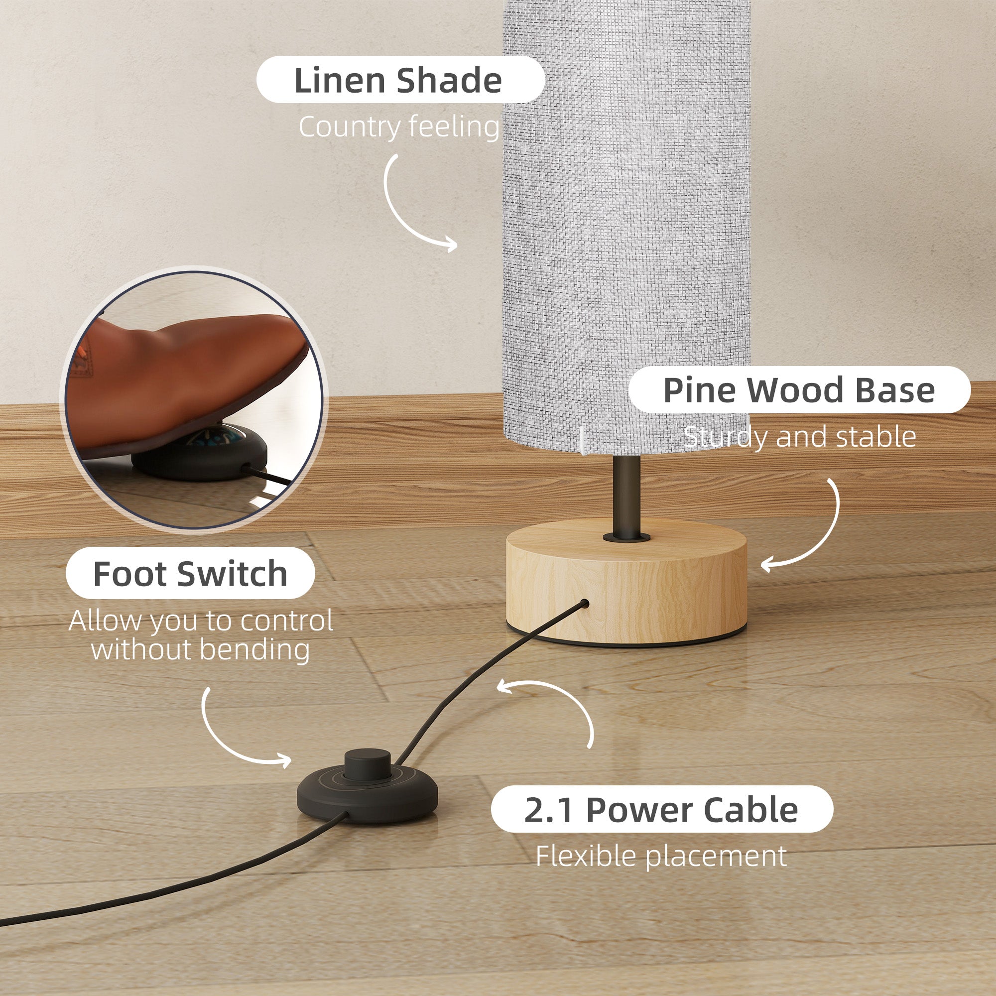 HOMCOM 47-Inch Modern Wooden Floor Lamp for Bedroom, Study or Living Space with Fabric Linen Shade (Grey)  120 CM