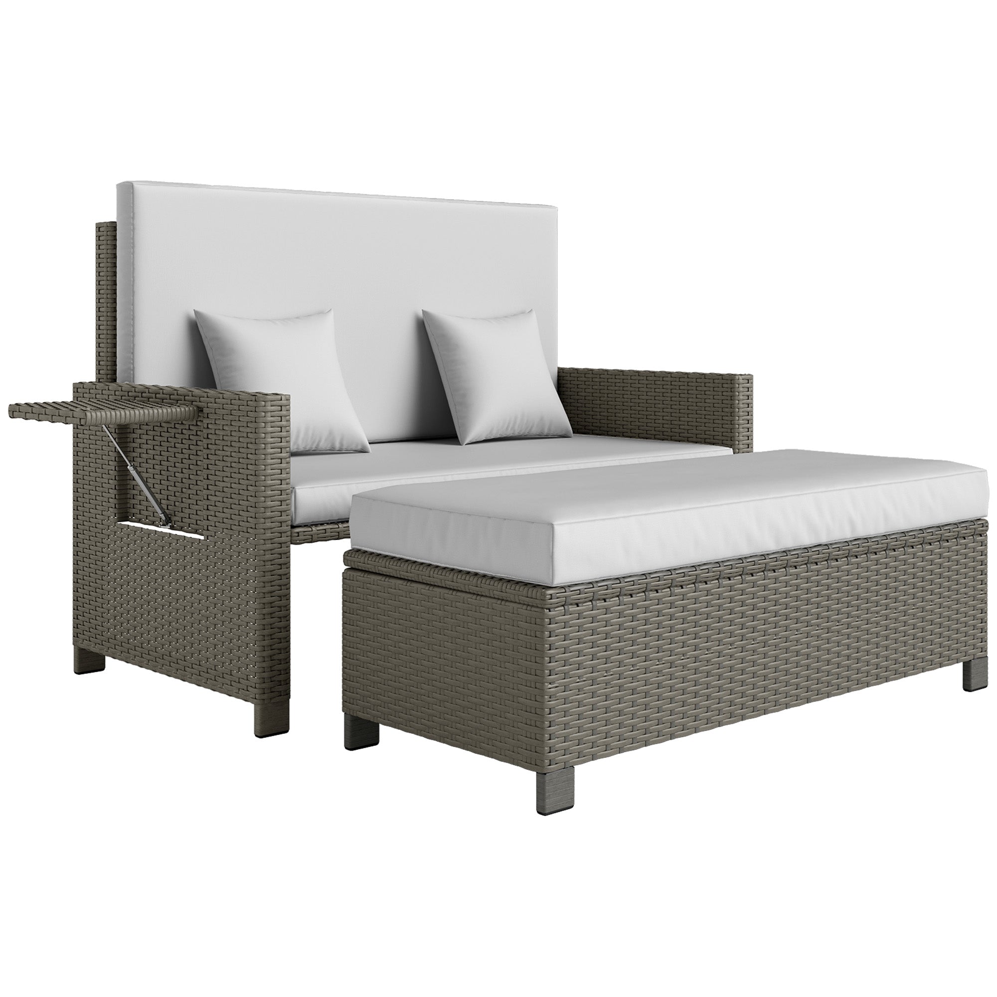 Outsunny Rattan Day Bed, with Footstool - Light Grey - North Peak Garden Furniture