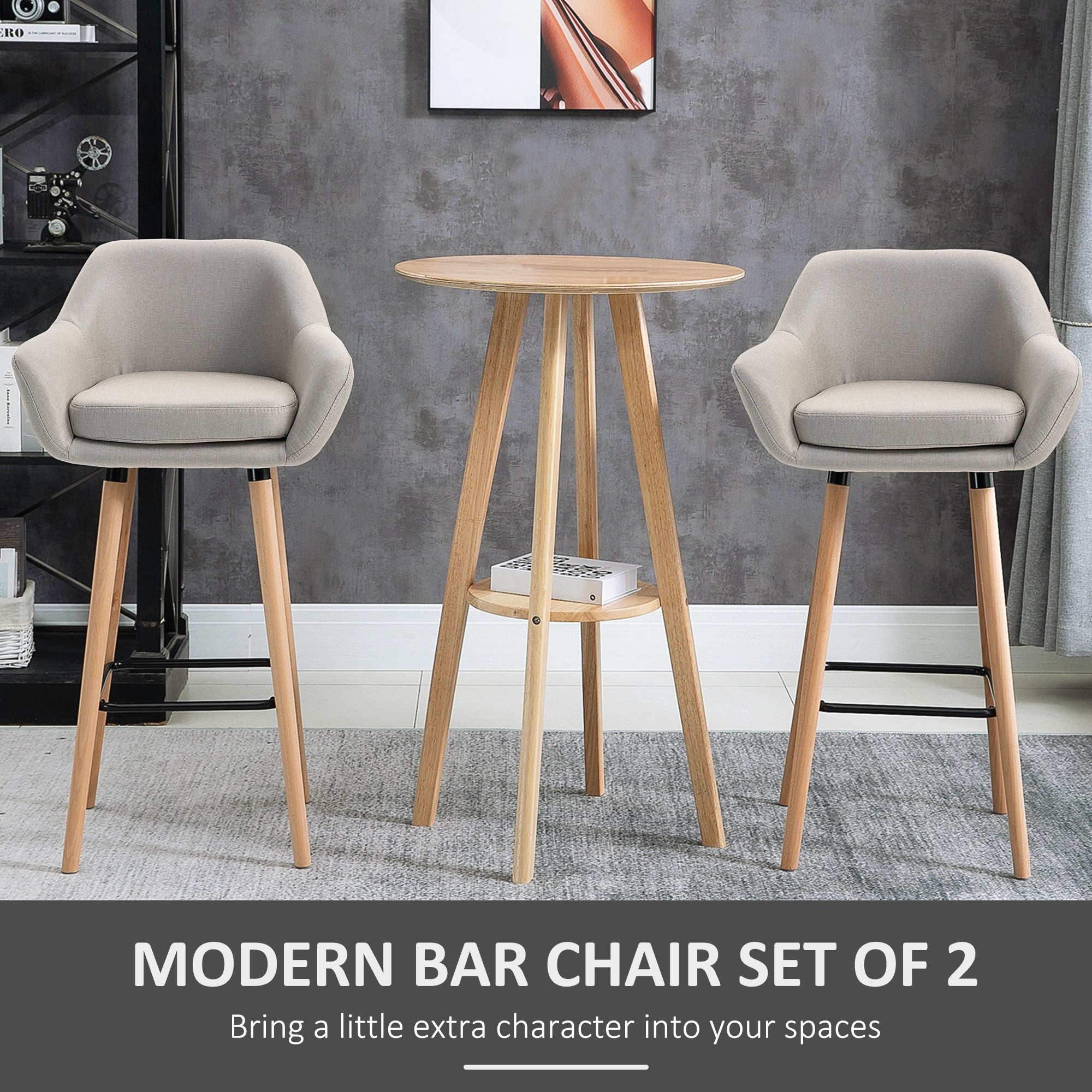 HOMCOM Set of 2 Bar Stools Modern Upholstered Seat Bar Chairs w/ Metal Frame, Solid Wood Legs Living Room Dining Room Fabric Furniture - Beige - North Peak Garden Furniture