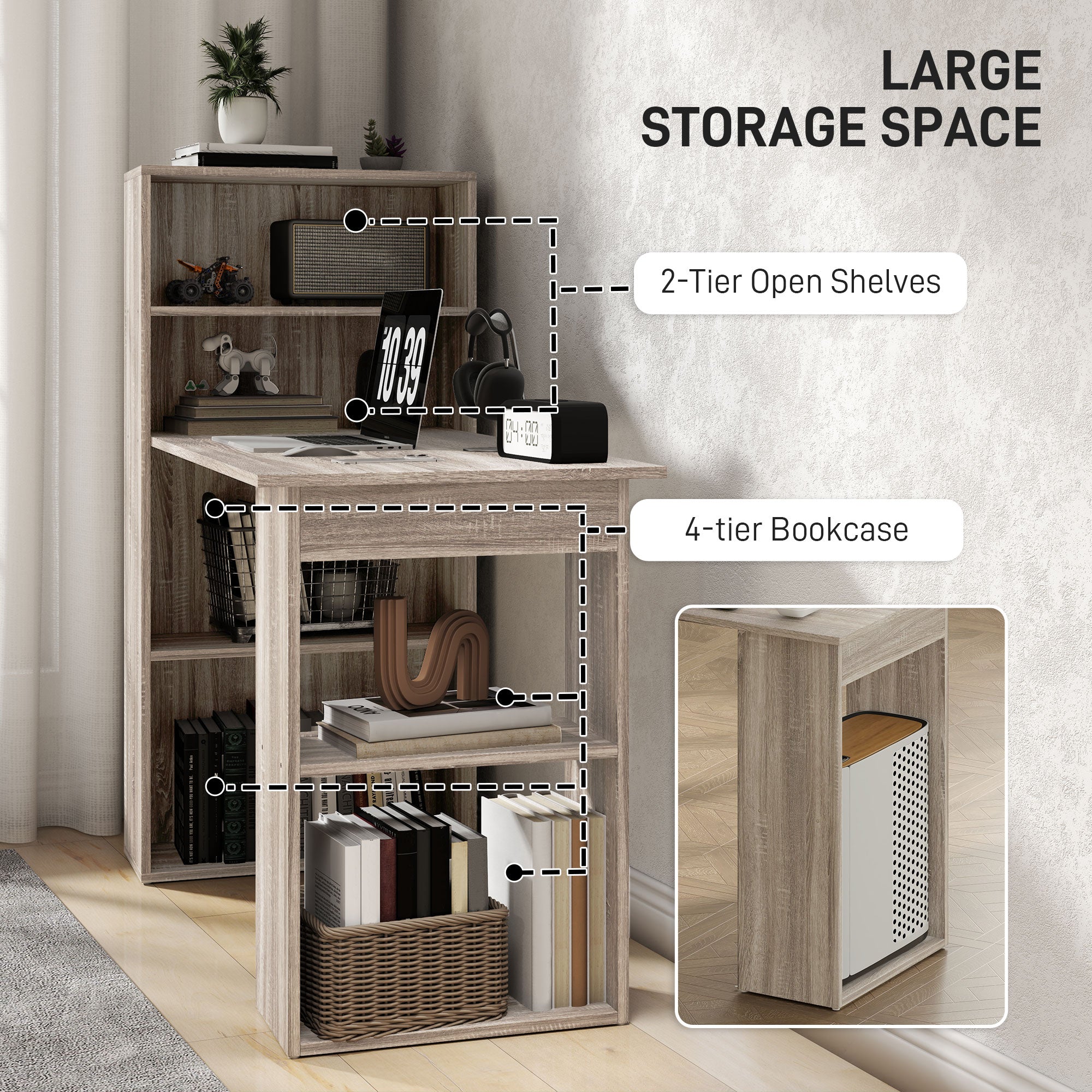 HOMCOM 120cm Modern Computer Desk Bookshelf Study Table Workstation PC Laptop Writing Home Office 6 Shelves, Grey Wood-Effect - North Peak Garden Furniture