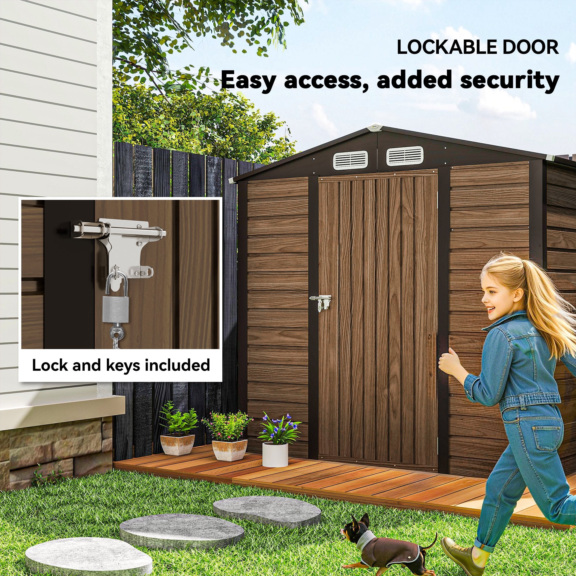 Outsunny 4 x 6ft Galvanised Steel Garden Shed, with Lock and Gloves - Oak - North Peak Garden Furniture