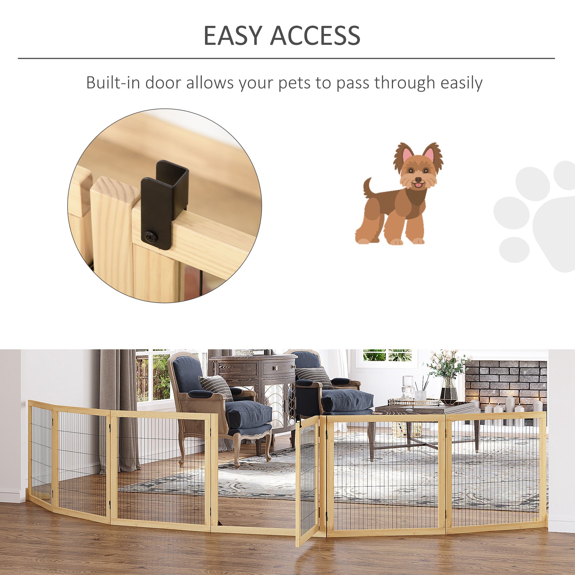 PawHut Wooden Pet Gate, Freestanding Dog Safety Barrier with Two Support Feet - Natural Tone - North Peak Garden Furniture