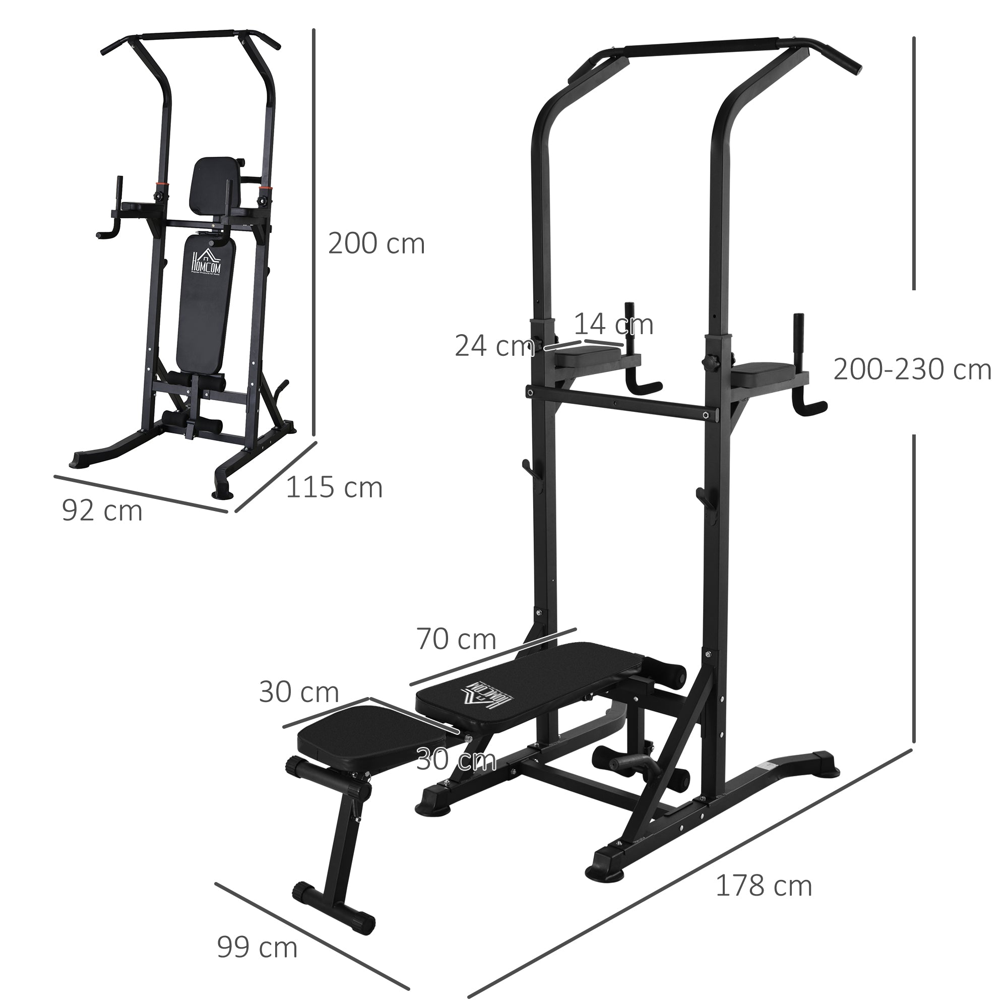 HOMCOM Pull Up Station with Adjustable Weight Bench, Dip Station and Barbell Rack, Multi-Function Power Tower Free Standing Pull Up Bar for Home Gym