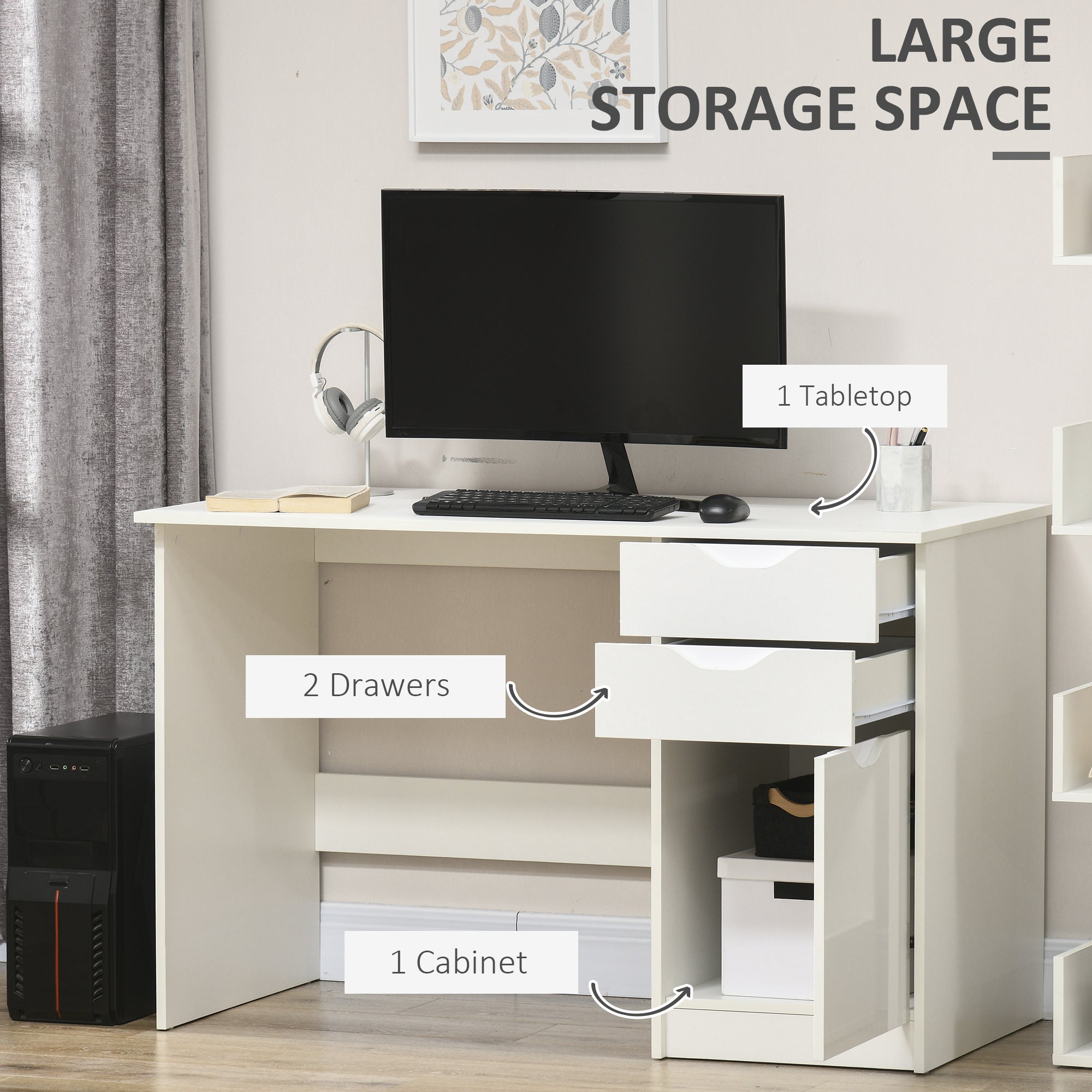 HOMCOM Computer Desk with Drawers, High Gloss Home Office Desk with Storage Cabinet, Study Workstation, 120 x 60cm, White - North Peak Garden Furniture