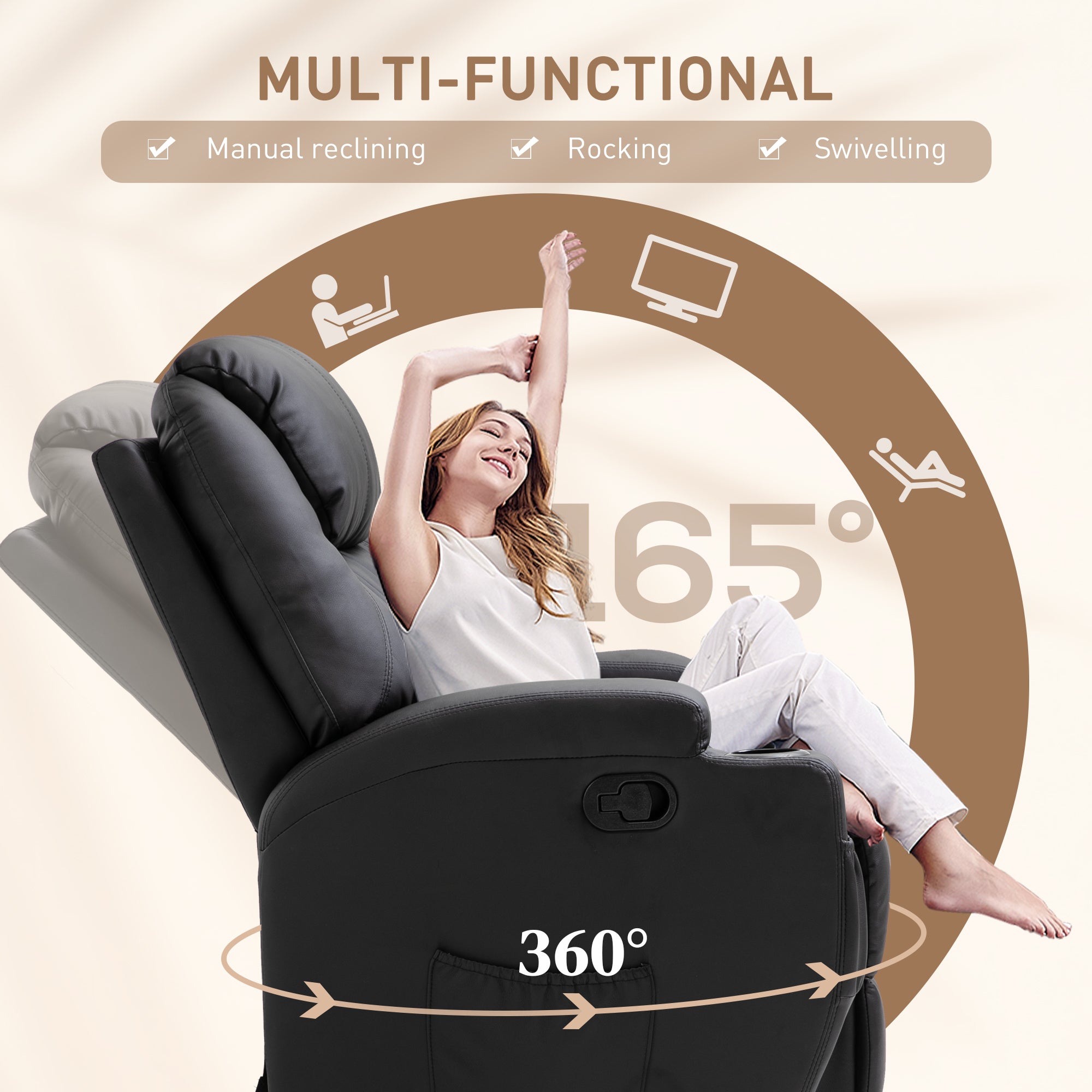 HOMCOM Recliner Armchair, Rocking Massage Swivel PU Leather Manual Reclining Chair with Adjustable Leg Rest, Drink Holders, Side Pocket, for Home Living Room Theater, Black