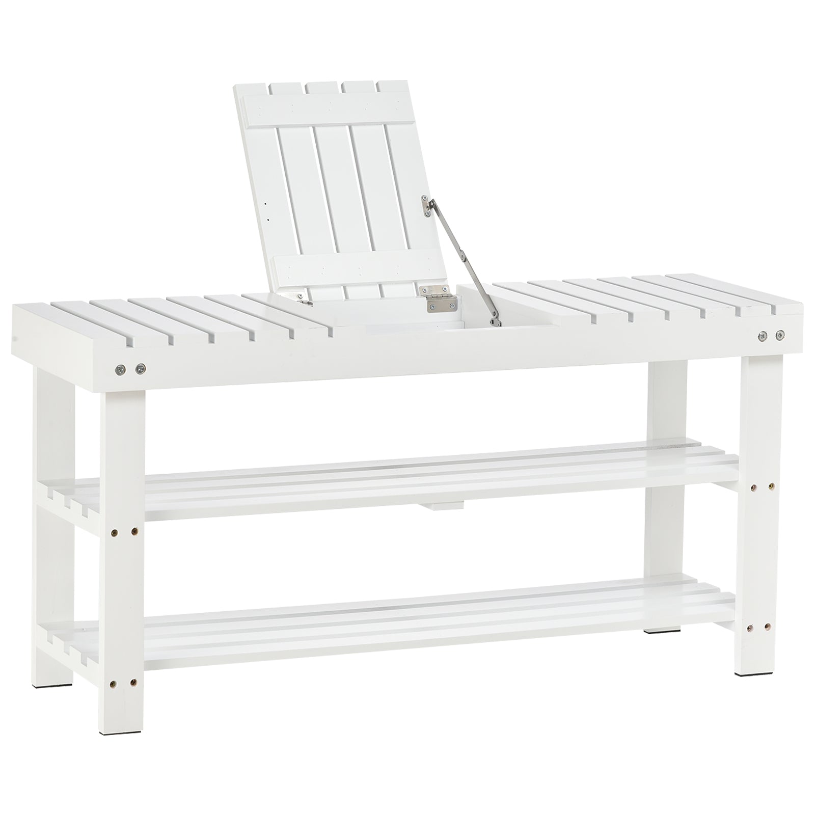 HOMCOM Shoe Bench, 3-Tier Wooden Shoe Rack with Hidden Storage Compartment, Slatted Shelves, Home Storage Unit, Hallway Furniture, White, 90L x 29W x45H cm - North Peak Garden Furniture