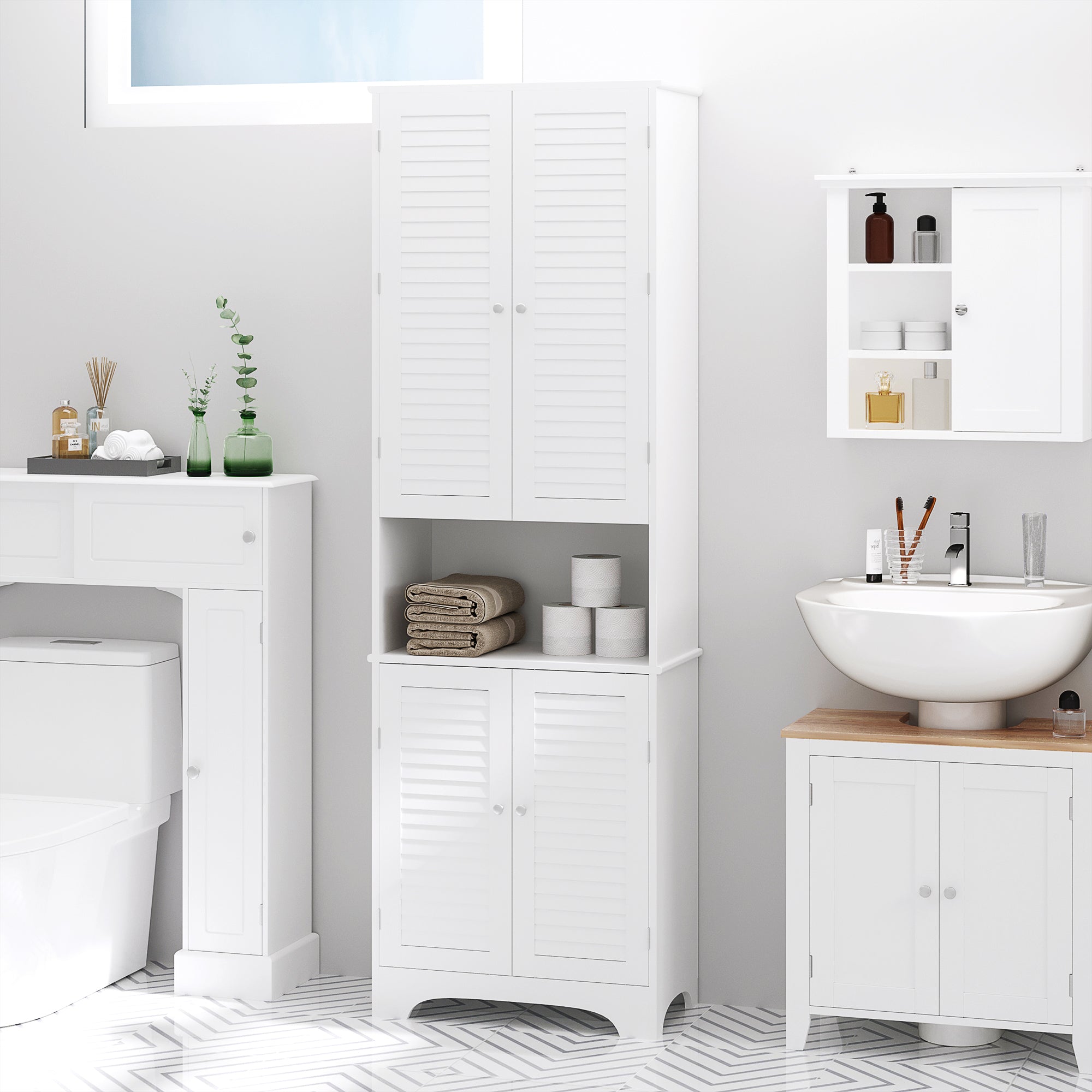HOMCOM Tall Freestanding Bathroom Cabinet Retro Shutters w/ 3 Compartments Shelves Elevated Base Narrow Organiser White 60L x 30W x 182.5H cm - North Peak Garden Furniture