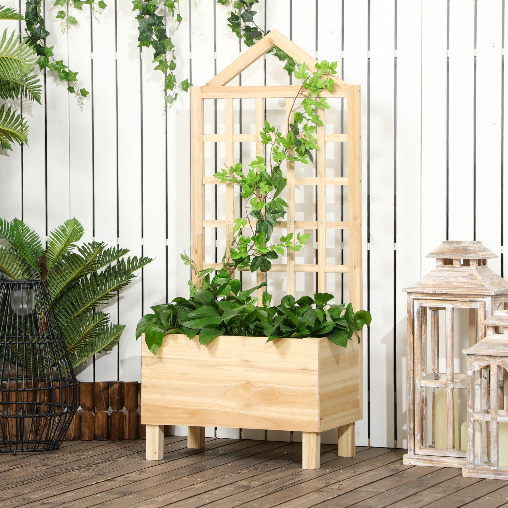 Outsunny Garden Planters with Trellis for Vine Climbing, Distressed Wooden Raised Beds, 90x43x150cm, Natural Tone