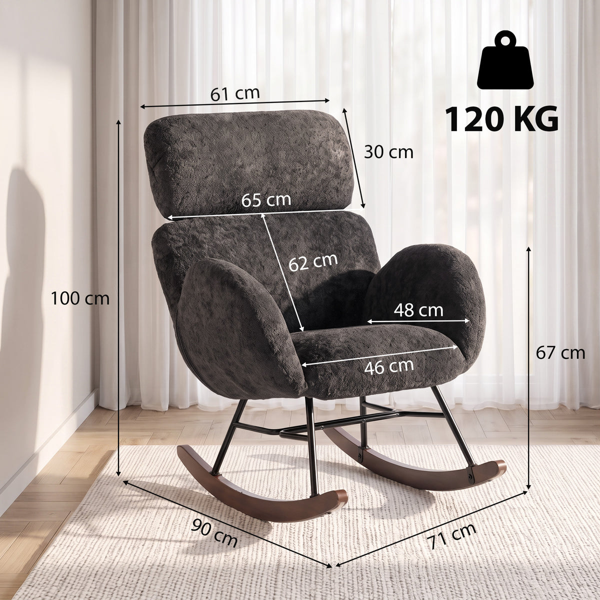HOMCOM Upholstered Rocking Chair Adjustable Headrest Rocker Chair Raindrop Velvet Rubberwood Base Dark Grey