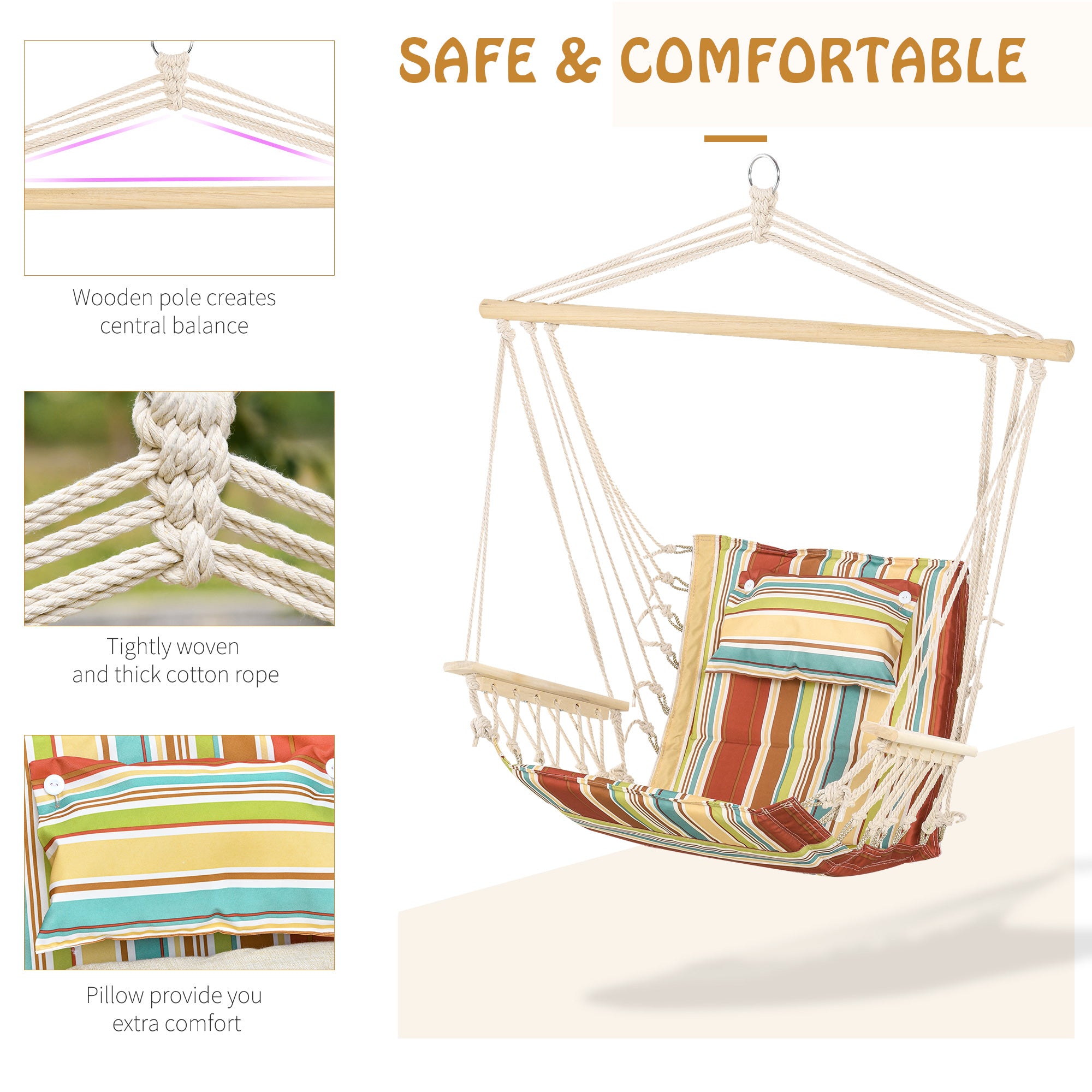 Outsunny Hanging Hammock Chair Swing Chair Thick Rope Frame Safe Wide Seat Indoor Outdoor Home, Patio, Yard, Garde Spot Stylish Multi-Color Stripe - North Peak Garden Furniture