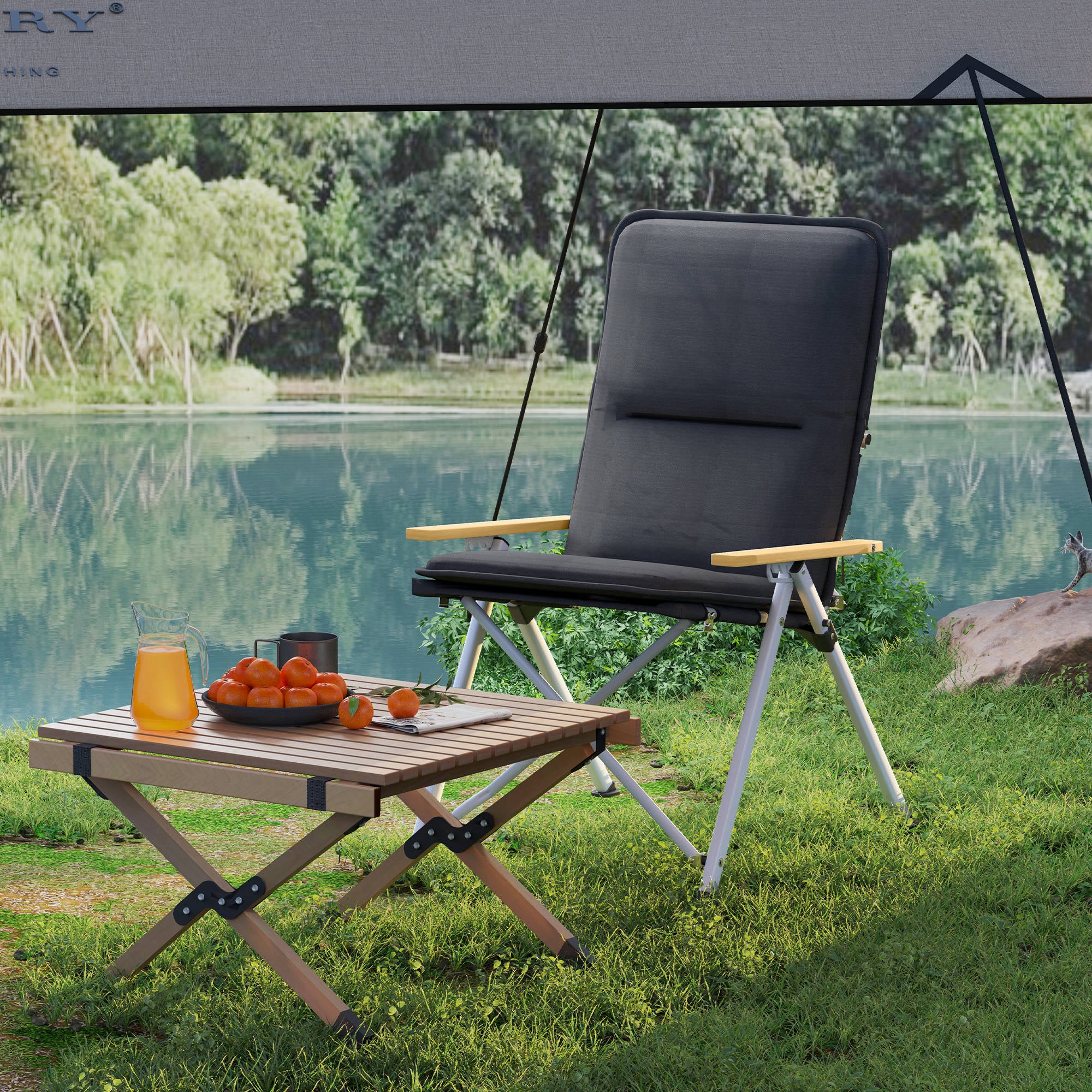 Outsunny Portable Camping Chair for Adults, High Back Folding Chair with Padded Seat and Carry Bag, Outdoor Recliner for Hiking, Fishing, Beach and Picnic, Black - North Peak Garden Furniture