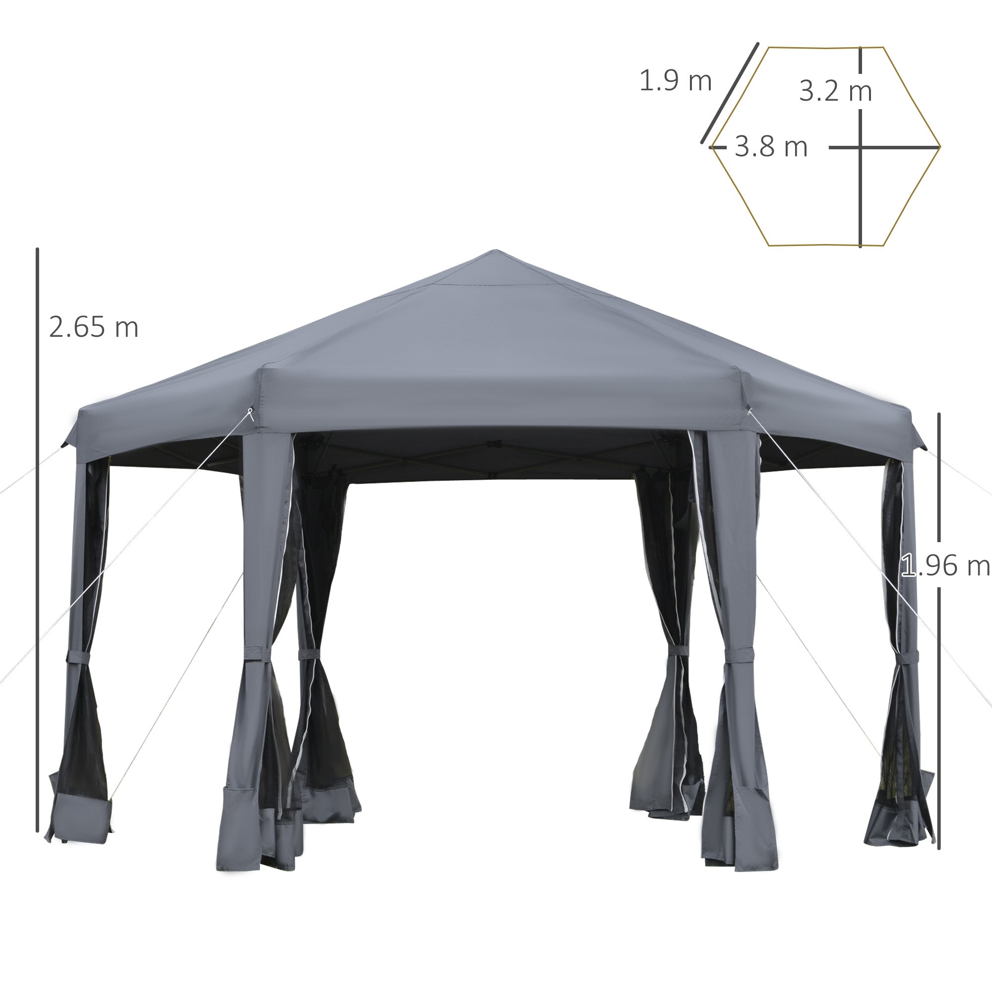 Outsunny 3.2m Pop Up Gazebo Hexagonal Canopy Tent Outdoor Sun Protection with Mesh Sidewalls, Handy Bag, Grey